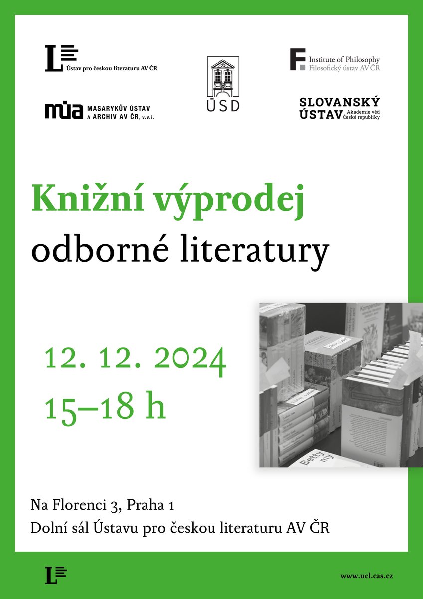 KNIŽNÍ VÝPRODEJ ODBORNÉ LITERATURY

Ve čtvrtek 12. 12. 2024 od 15 do 18 h srdečně zveme na další knižní výprodej odborné literatury.

Za zvýhodněné ceny tu najdete tituly nejen od nás, ale i <a href="/FLU_AV_CR/">Filosofický ústav AV</a>, <a href="/SlovanskyU/">Slovanský ústav Akademie věd ČR, v. v. i.</a>, <a href="/USD_AV_CR/">Ústav pro soudobé dějiny Akademie věd ČR, v. v. i.</a> a Masarykova ústavu a Archivu AV ČR.