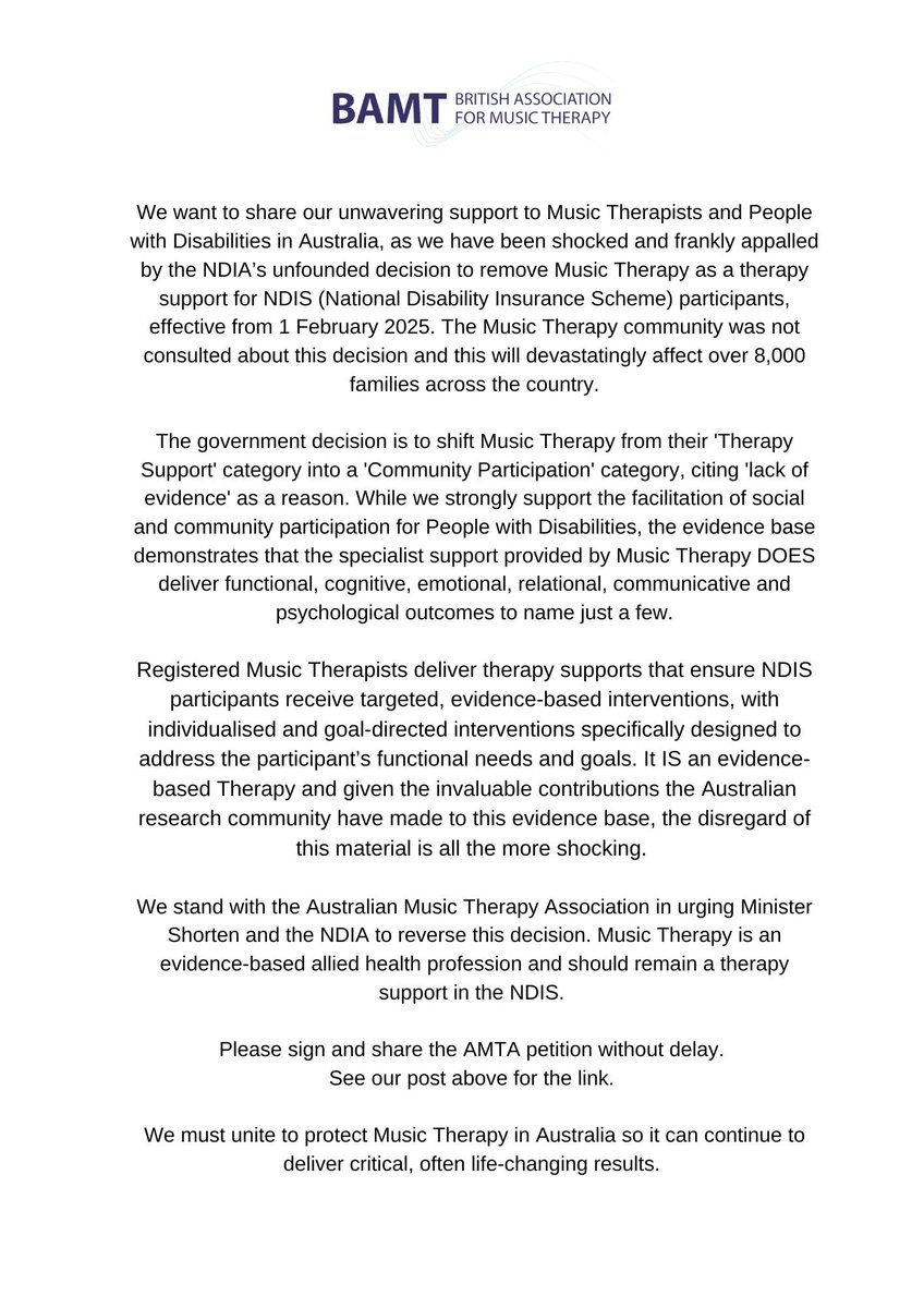Your help is urgently needed to protect Music Therapy for People with Disabilities in Australia. Find out more via our statement below and please sign and share the petition: 

change.org/p/keep-music-t…

#MusicTherapyIsTherapy #KeepMusicTherapyInTheNDIS 
#MusicTherapy #NDIS