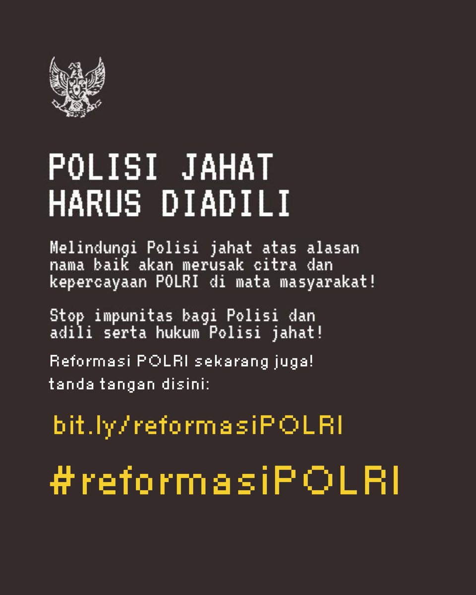 Reformasi POLRI Sekarang Juga! 
tanda tangan disini: bit.ly/reformasiPOLRI

#ReformasiPOLRI