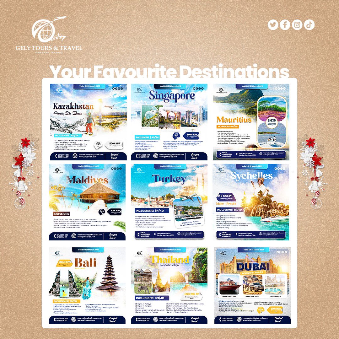 gely_tours's tweet photo. 🌍 Adventure Awaits with Gely Tours & Travel!✈️  

This festive season, explore the world with our incredible travel packages! Choose your dream destination:  

✨ Dubai – A city of luxury, shopping, and unforgettable experiences.  
✨ Turkey – Dive into rich history, breathtaking landscapes, and vibrant culture.  
✨ Bali – Relax in paradise with serene beaches and lush greenery.  
✨ Kazakhstan – Discover stunning landscapes and unique traditions.  
✨ Singapore – Experience the perfect blend of modernity and culture.  
✨ Mauritius – A tropical haven of white sandy beaches and crystal-clear waters.  
✨ Maldives – Indulge in luxury and serenity in the ultimate island escape.  
✨ Seychelles – An idyllic getaway with pristine beaches and exotic wildlife.  
✨ Thailand – A land of vibrant culture, temples, and spectacular beaches.  

📅 Book Now to make this holiday season unforgettable! Gely Tours & Travel is here to turn your travel dreams into reality.  

📩 DM us today for inquiries and bookings!  

#GelyToursAndTravel #ExploreTheWorld #HolidayPackages #TravelGoals