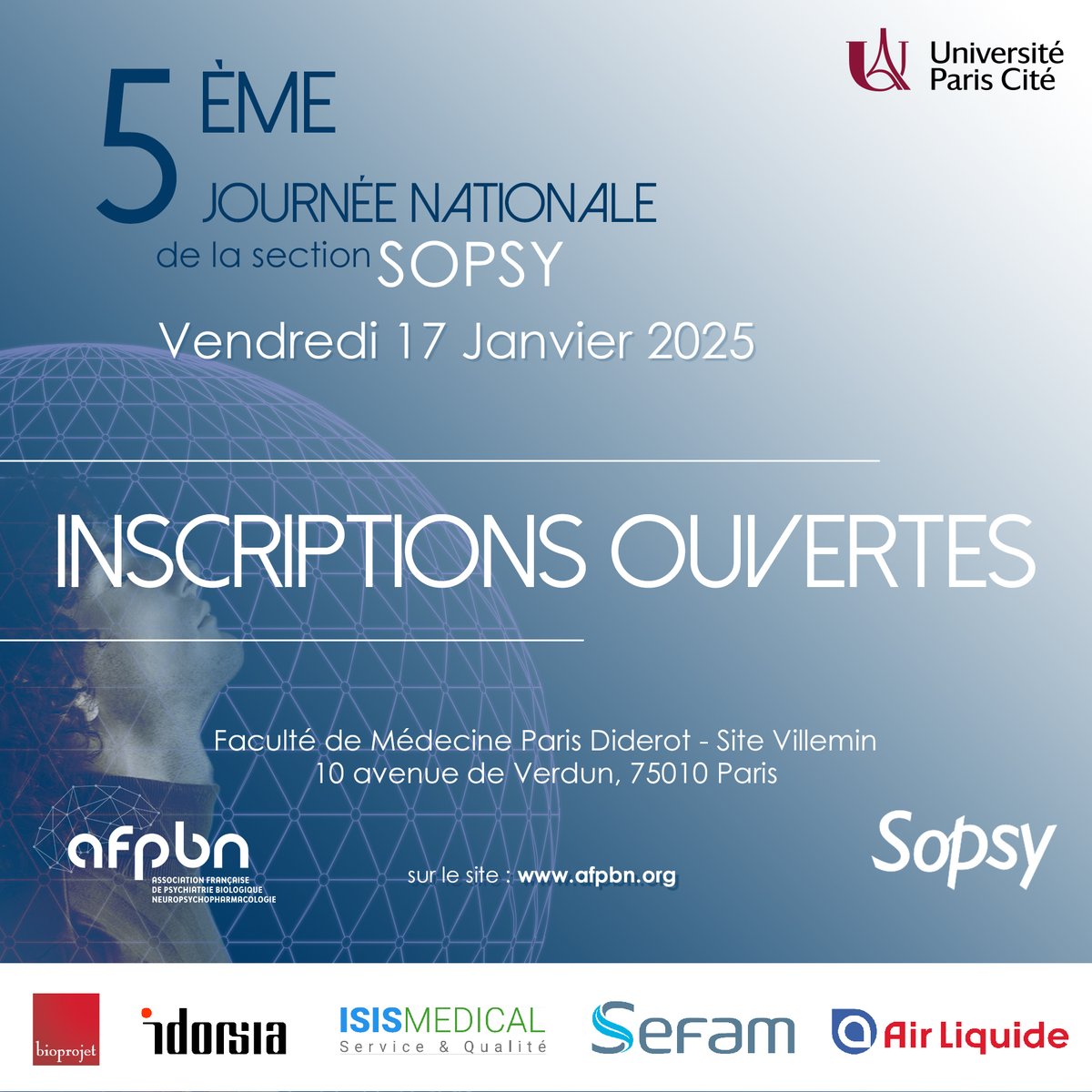 Inscrivez-vous : Journée SoPsy 2025 !
📅 16-17 janv. 2025 | 📍 Paris

16 janvier (14h00 - 18h00) : Ateliers SoPsy

17 janvier (09h00 - 17h30) : Journée Nationale SoPsy

⚠️ Places limitées. Inscrivez-vous : shorturl.at/twEKr