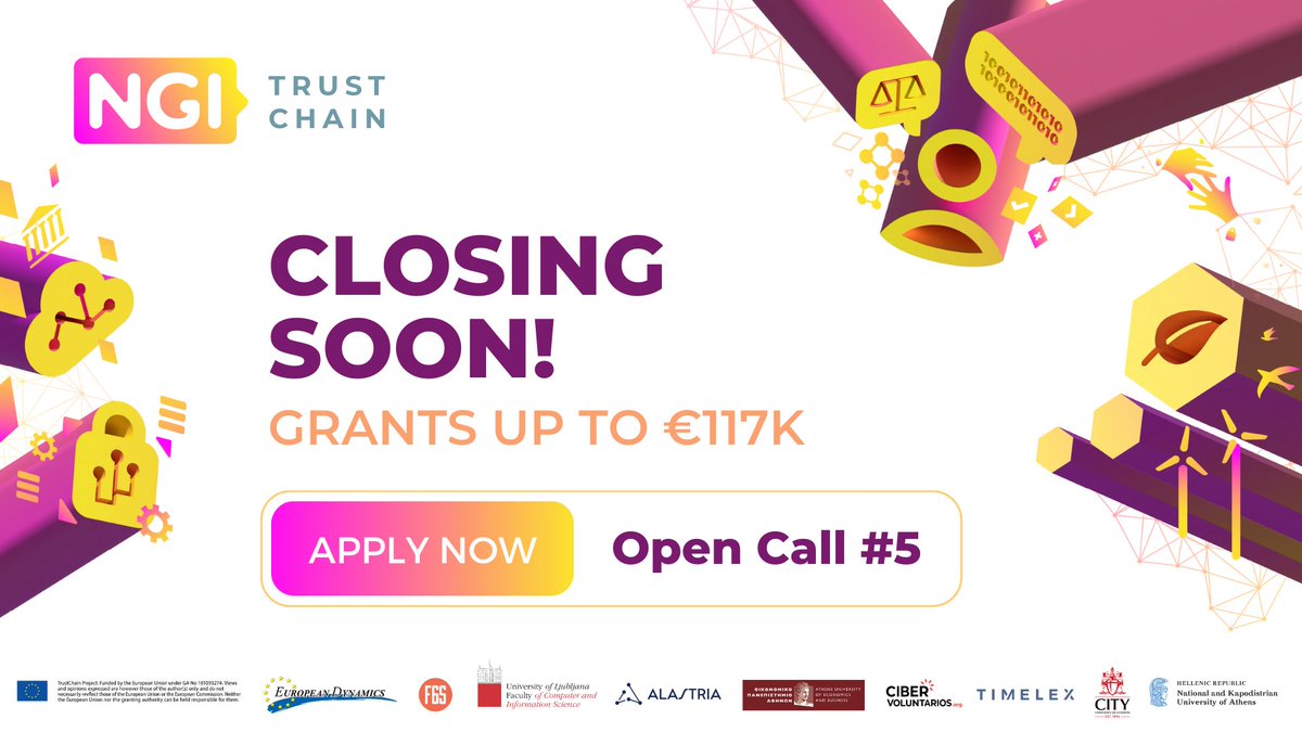 TrustChain (@ngi_trustchain) on Twitter photo 🚨 TrustChain Open Call #5 Closes Today!
🔗 trustchain.ngi.eu/apply/
Grab your opportunity to secure funding 💰 and technical support 🛠️
Don't miss out—apply today✨
<a href="/EURODYN_Careers/">EUROPEAN DYNAMICS</a> <a href="/F6S_Gov/">F6S Innovation</a> <a href="/STEconAUEB/">AUEB - STEcon Group</a> <a href="/cibervoluntario/">Cibervoluntarios</a> <a href="/Alastria_/">Alastria Blockchain Ecosystem</a> <a href="/timelex_lawfirm/">Timelex</a> <a href="/CityUniLondon/">Anna</a> <a href="/uoaofficial/">University of Athens</a> 🚨 TrustChain Open Call #5 Closes Today!
🔗 trustchain.ngi.eu/apply/
Grab your opportunity to secure funding 💰 and technical support 🛠️
Don't miss out—apply today✨
<a href="/EURODYN_Careers/">EUROPEAN DYNAMICS</a> <a href="/F6S_Gov/">F6S Innovation</a> <a href="/STEconAUEB/">AUEB - STEcon Group</a> <a href="/cibervoluntario/">Cibervoluntarios</a> <a href="/Alastria_/">Alastria Blockchain Ecosystem</a> <a href="/timelex_lawfirm/">Timelex</a> <a href="/CityUniLondon/">Anna</a> <a href="/uoaofficial/">University of Athens</a>
