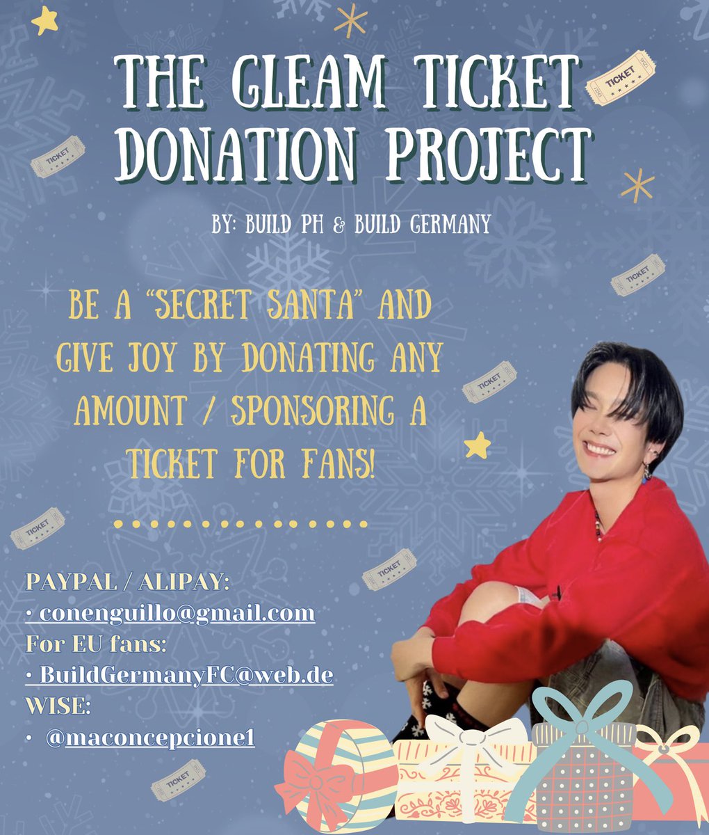 🪩 The Gleam Ticket Donation Project 🪩
— Build PH &amp; <a href="/BuildGermany/">BuildGermany FC</a> 
 
Be a Secret Santa and give joy by donating any amount / sponsor a ticket— a small gesture that has a big impact. Every donation counts and helps us achieve even more. Together we can put a smile on many faces