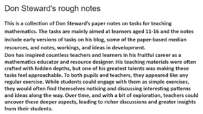 Don Steward's family recently added Don's mathematics teaching 'rough notes' to Don's Blog, with incredible support from <a href="/TFrancome/">Tom Francome</a> and <a href="/LboroDME/">Loughborough Department of Mathematics Education</a> LUMEN
donsteward.blogspot.com/p/don-stewards…