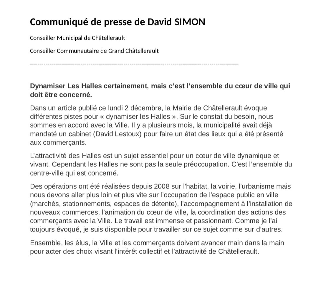 Ci-joint mon communiqué de presse relatif aux propositions avancées par la ville <a href="/Chatellerault86/">VilleChatellerault</a> concernant les Halles.

#chatellerault #EnsemblepourChatellerault <a href="/nrchatellerault/">NR Châtellerault</a> @Bleu_Poitou <a href="/F3PoitouChtes/">France 3 Poitou-Charentes</a>