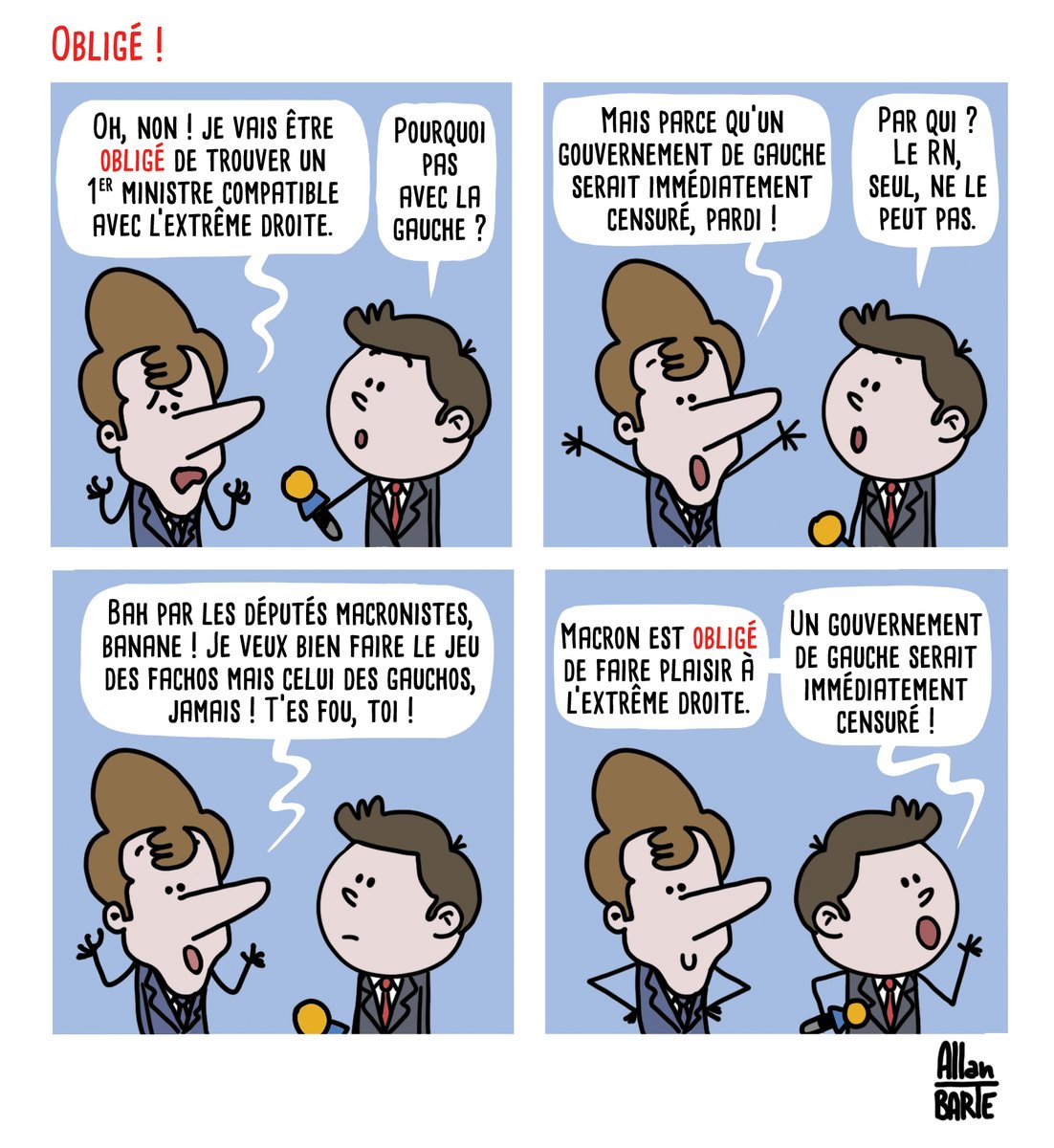 Le travail médiatique, depuis des mois, pour expliquer que Macron est OBLIGÉ de négocier avec l'extrême droite est magnifique.
Laisser la gauche gouverner ? Diantre ! Mais vous n'y pensez pas.

Pour soutenir la lutte dessinée :
⏩ ko-fi.com/allanbarte