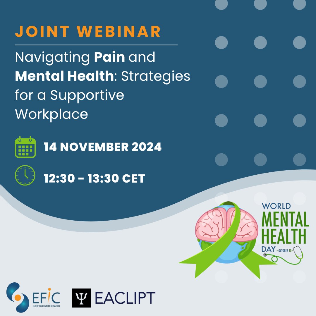 EACLIPT (@eaclipt) on Twitter photo Missed our webinar with <a href="/EFIC_org/">European Pain Federation EFIC®</a>? It's now available on YouTube!
🎥 Watch “Navigating Pain and Mental Health: Strategies for a Supportive Workplace”
Link to the video: youtu.be/FlyFbrdTCNs
#efic #eaclipt #webinar #mentalhealth #pain #workplace #supportive Missed our webinar with <a href="/EFIC_org/">European Pain Federation EFIC®</a>? It's now available on YouTube!
🎥 Watch “Navigating Pain and Mental Health: Strategies for a Supportive Workplace”
Link to the video: youtu.be/FlyFbrdTCNs
#efic #eaclipt #webinar #mentalhealth #pain #workplace #supportive