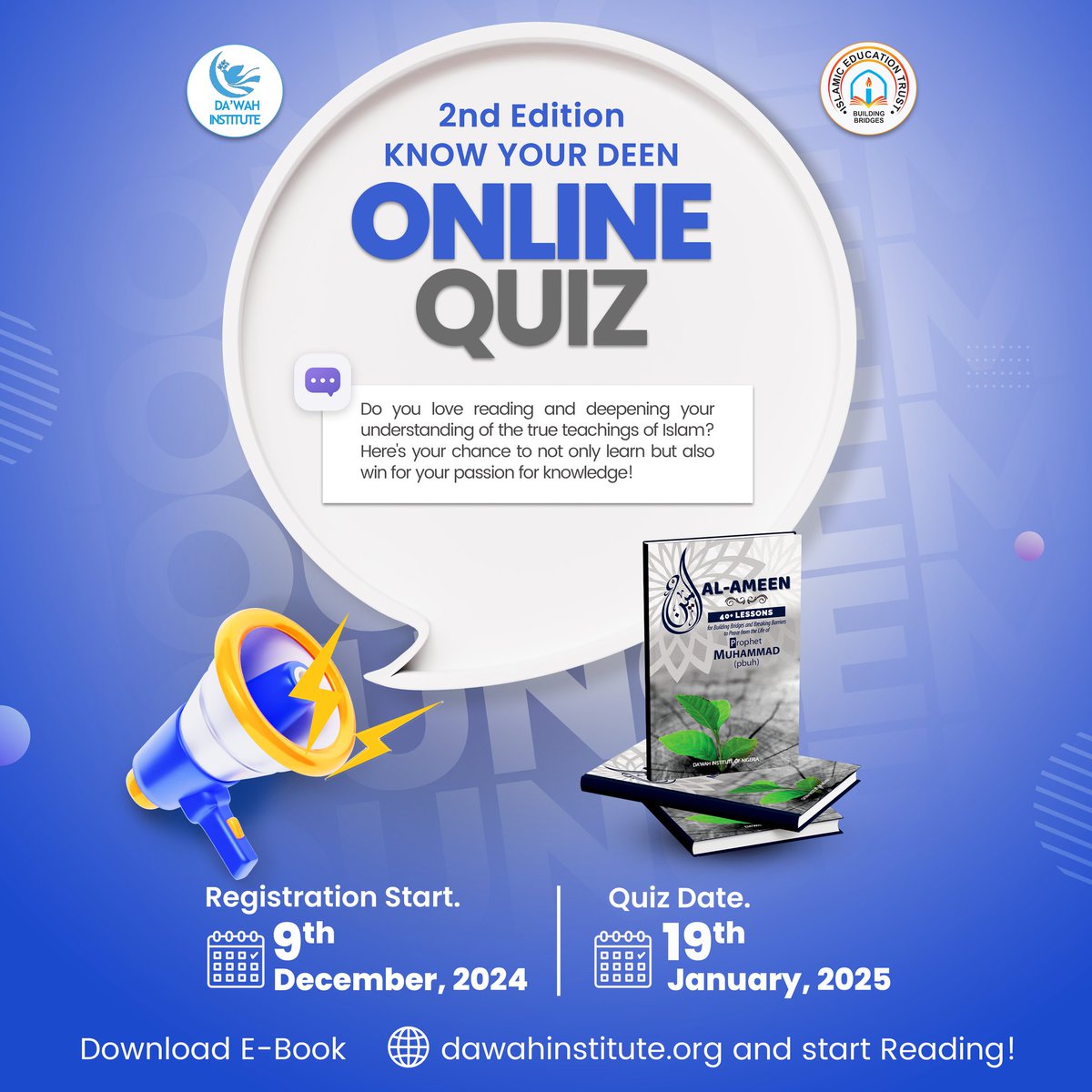 Know Your Deen Online Quiz: 2nd Edition. 

Do you love reading and deepening your understanding of the true teachings of Islam? 
Here's your chance to not only learn but also win for your passion for knowledge!