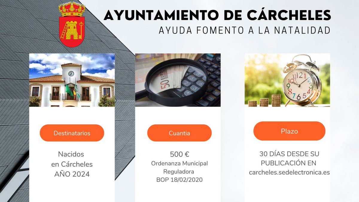 #SUBVENCIONES | Se abre plazo de presentación de solicitudes para la concesión de ayuda económica por importe de 500€ por niño/a nacido o adoptado en el municipio de Cárcheles en el año 2024. 

Puedes tramitar tu solicitud en carcheles.sedelectronica.es
