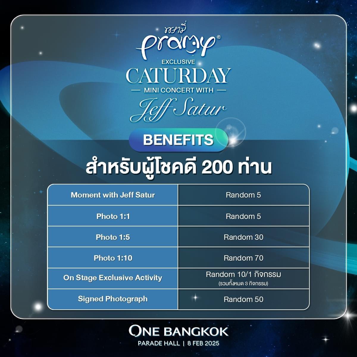 inspiresatur's tweet photo. 😸😸😸Pramy พรามี่ อาหารเปียกแมว เกรดซุปเปอร์พรีเมี่ยม ชวนแฟนคลับ Jeff Satur ของเรามาเป็นหนึ่งในผู้โชคดี 200 คน เพื่อเข้าร่วมภายในงาน ✨️Caturday with Jeff Satur✨️ ศิลปินสุดฮอต แบบฟินฟิน

📍กติกาง่ายๆ เพียงซื้อสินค้าของ Pramy ชนิดใดก็ได้ มูลค่า 899 บาท นำใบเสร็จมาลงทะเบียนเพื่อ ร่วมลุ้นเป็นผู้โชคดี ร่วมกิจกรรม EXCLUSIVE MINI CONCERT กับ ✨️Jeff Satur✨️  ภายในงาน "CATURDAY WITH JEFF SATUR"
🗓วันที่ 8 กุมภาพันธ์ 2568 
🏢ณ. Parade Square @ One Bangkok

📌กติกาและเงื่อนไขการร่วมกิจกรรม

1. ซื้อผลิตภัณฑ์ PRAMY ชนิดใดก็ได้ ครบ 899 บาทขึ้นไป = 1 สิทธิ์ ยิ่งซื้อมาก ยิ่งมีสิทธิ์มาก (ไม่สามารถรวมบิลใบเสร็จเป็น 1 ใบได้) ลุ้นเป็นผู้โชคดี จำนวน 200 รางวัล โดยใบเสร็จที่สามารถเข้าร่วมกิจกรรมได้ จะต้องเป็นใบเสร็จที่มีการซื้อสินค้า โดยโชว์ให้เห็นชื่อผลิตภัณฑ์ Pramy และยอดเงินหลังหักส่วนลดโปรโมชั่นต่างๆแล้ว มูลค่าไม่ต่ำกว่า 899 บาท

2. กรอกรายละเอียดร่วมลุ้นสิทธิ์ใน google form ตาม link นี้ https://t.co/dRu3mqirlF ให้ครบถ้วน พร้อมแนบช่องทางการติดต่อที่ สามารถติดต่อได้จริง และอัพโหลดรูปใบเสร็จ จากการซื้อสินค้าตามรายละเอียดที่ระบุใน google form โดยใบเสร็จต้องระบุวันที่ซื้อระหว่าง วันที่ 2 ธันวาคม 2567 –30 มกราคม 2568 เท่านั้น