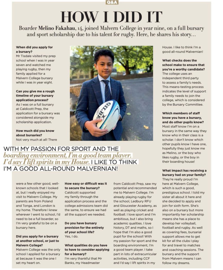 It’s talented boys like OC Melino that drive us to raise awareness and funds for our Bursary Fund. We thoroughly enjoyed reading Melino’s inspiring interview in <a href="/ISParent/">Independent School Parent</a> mag, sharing his bursary &amp; scholarship story including a shout out to our very own <a href="/CaldicottHead/">Jeremy Banks</a> 💙