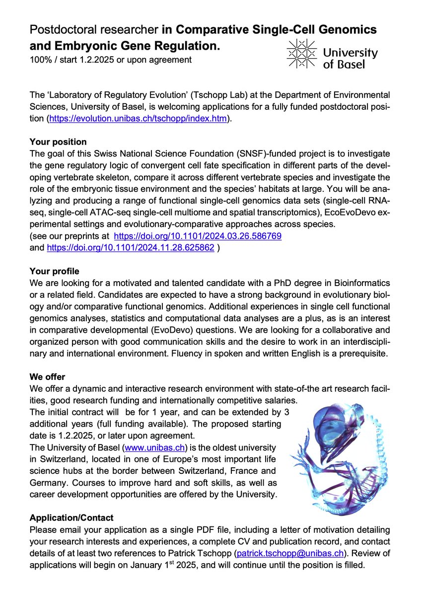 Tschopp Lab (@tschopplab) on Twitter photo Please RT: we have <a href="/snsf_ch/">Swiss National Science Foundation</a> -funded #Postdoc and #PhD positions in our lab, to investigate the gene regulatory dynamics during vertebrate skeletogenesis in a comparative setting (see doi.org/10.1101/2024.0… and doi.org/10.1101/2024.1… ) - apply by 31.12.24, start date by 1.2.25! Please RT: we have <a href="/snsf_ch/">Swiss National Science Foundation</a> -funded #Postdoc and #PhD positions in our lab, to investigate the gene regulatory dynamics during vertebrate skeletogenesis in a comparative setting (see doi.org/10.1101/2024.0… and doi.org/10.1101/2024.1… ) - apply by 31.12.24, start date by 1.2.25!