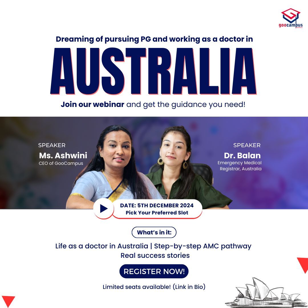 goocampus_in's tweet photo. 🌟 Limited Seats Alert! 🌟
➡️ Register NOW – Link in bio! 🚀

If you are dreaming of working and pursuing PG in Australia? Don't miss this webinar!

📅 Date: 5th Dec
🕒 Pick Your Preferred Slot
 #goocampus #GooCampus #doctors #mbbsgraduates #AustralianDream #MedicalPG https://t.co/sEu8mOG7hs