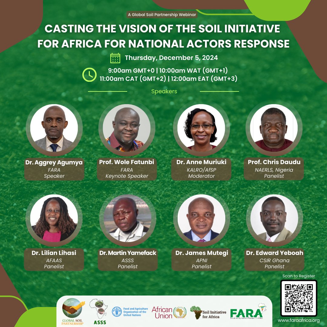 FARA Africa (@farainfo) on Twitter photo Join the Global Soil Partnership of the <a href="/FAO/">Food and Agriculture Organization</a>, on December 5, 2024, for the "Casting the Vision of the Soil Initiative for Africa (#SIA) for National Actors Response" webinar.
Register via🔗 bit.ly/3UZVfsE to participate via Zoom
#SIA🔗 faraafrica.org/soil-initiativ… Join the Global Soil Partnership of the <a href="/FAO/">Food and Agriculture Organization</a>, on December 5, 2024, for the "Casting the Vision of the Soil Initiative for Africa (#SIA) for National Actors Response" webinar.
Register via🔗 bit.ly/3UZVfsE to participate via Zoom
#SIA🔗 faraafrica.org/soil-initiativ…