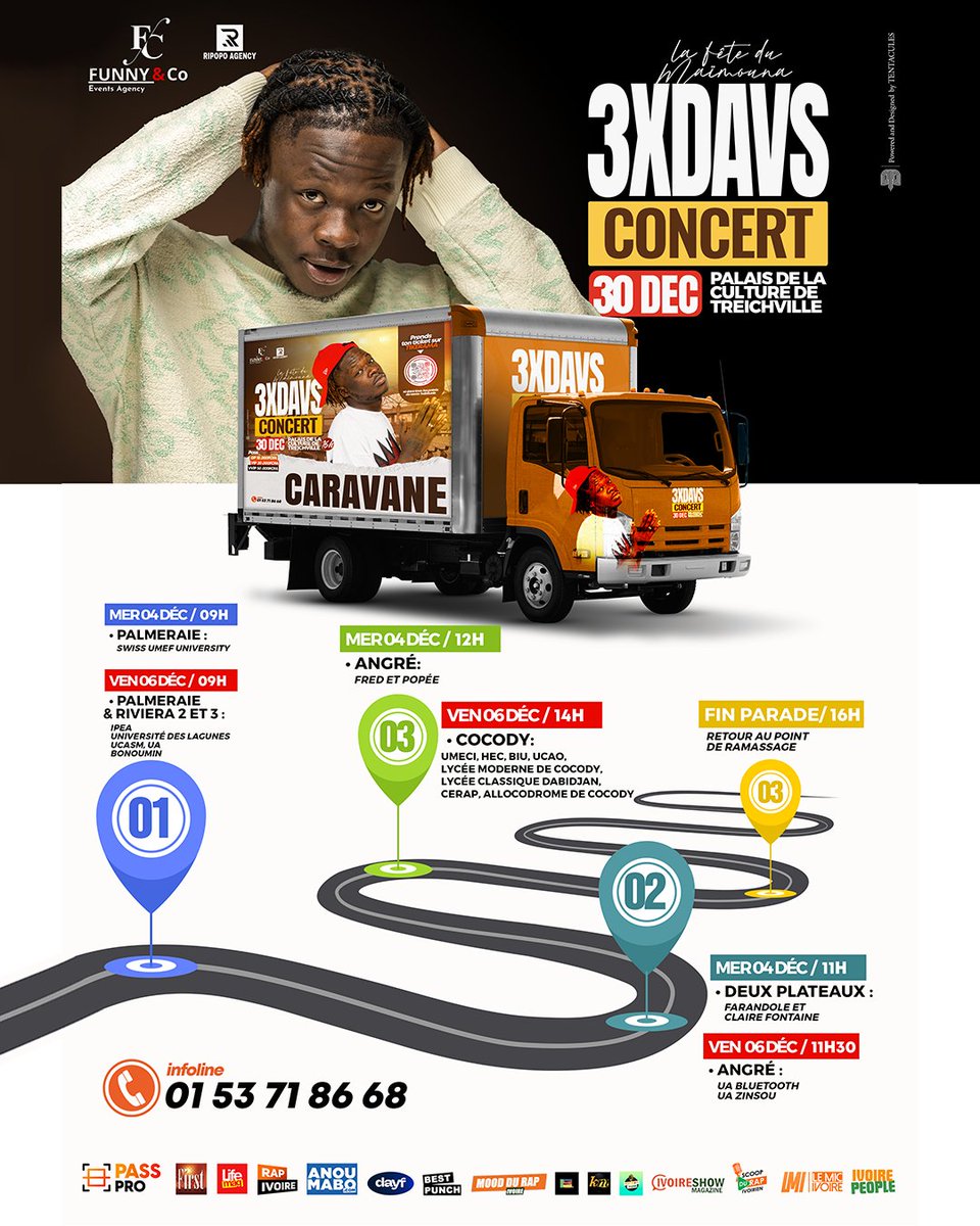 Cocody Dada est avec vous à partir du mercredi 04 🔥

‼Prend ton ticket ici 👇
3xdavs.tikerama.com

Livraison ou Infoline : 01 53 71 86 68 / 07 08 88 93 88

#3xdavs #DADA #Maimouna #30Dec #Palaisdelaculture