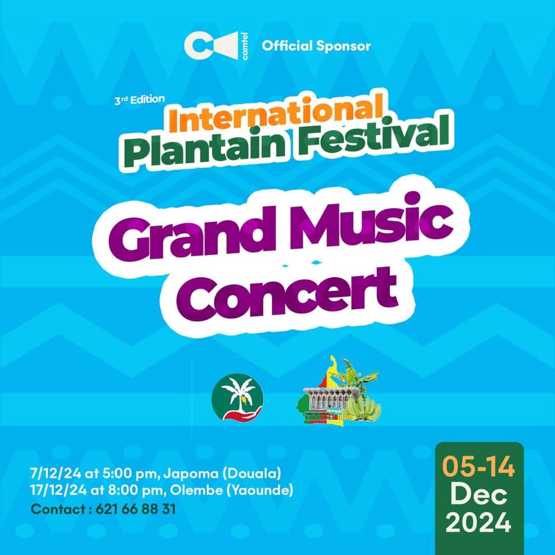 Camtelonline's tweet photo. Festival international de la Banane-Plantain: A suivre…
🎙️Grand concert de musique les 07 et 17 décembre aux stades de Japoma (Douala) et Olembe (Yaoundé). Tickets en vente dans nos agences et points commerciaux. Contact: 621 66 88 31
#FBPC #Sponsoring #CAMTEL
------
1/2 https://t.co/u7Hvu87IhI