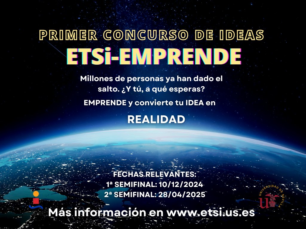 I Concurso de Ideas de Emprendimiento de la Escuela Técnica Superior de Ingeniería de la Universidad de Sevilla. ¡Inscríbete, tienes hasta el 10 de diciembre! Más info: 
etsi.us.es/agenda/i-concu…