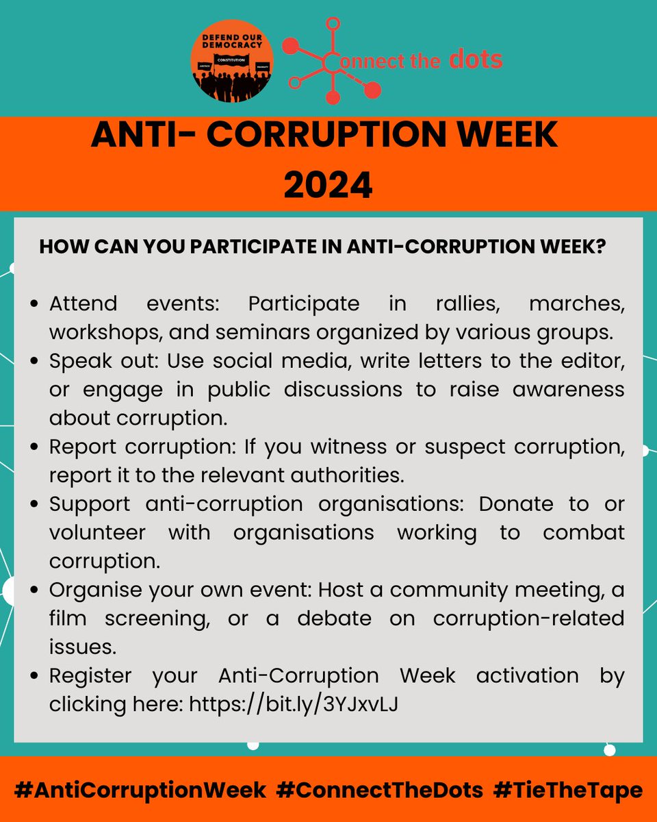 ForDemocracySa's tweet image. As we continue to make the call for active participation during Anti-Corruption week, here are some ideas for events/activations you can organise.

#AntiCorruptionWeek
#ConnectTheDots
#TieTheTape