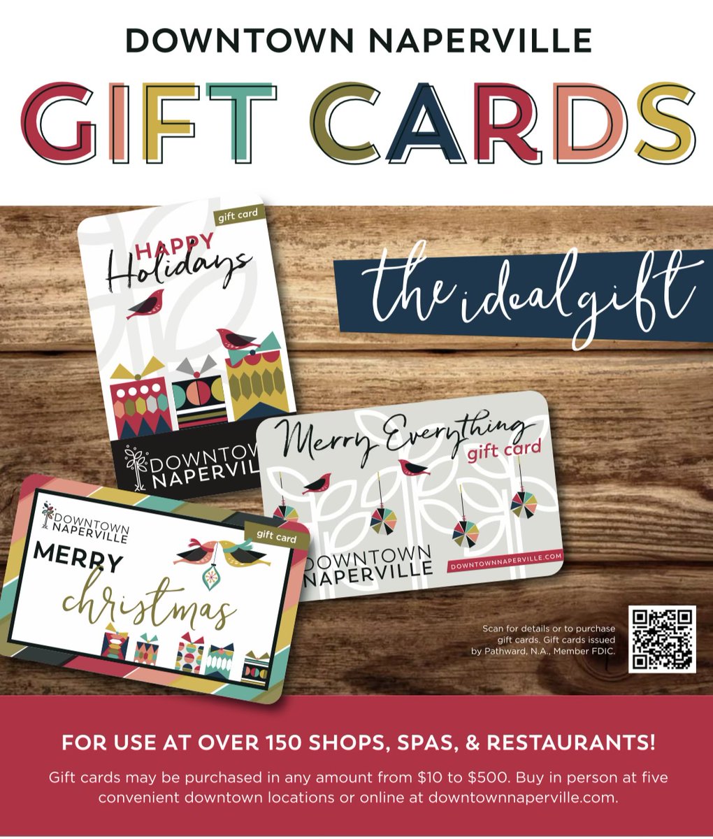 🎁Easy. Ideal. The One Size Fits All Gift!  For use at over 150+ Shops, Restaurants, and Spas - allows the recipient to choose where to use! Enclosed in a festive gift card jacket, any amount from $10-$500. Buy in person or online! All details at downtownnaperville.com/gift-cards