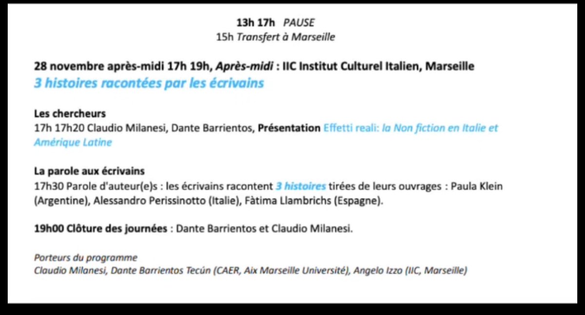 fatimallambrich's tweet photo. Jornades sobre la no ficció literària a la Universitat Aix-Marseille i a @IICMarsiglia 

Dante, Claudio, @sabuesomartin merci pour l’invitation, pour cette opportunité. https://t.co/qd90aPmYdx
