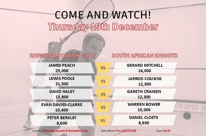 Come to the club and watch a fantastic spectacle of squash!   

The South African (U23) Knights team are on tour and will be invading our club on Thursday 19th December. Rhiwbina's elite are all prepped for them! 💪💪

Everyone is welcome! 🏴󠁧󠁢󠁷󠁬󠁳󠁿v 🇿🇦