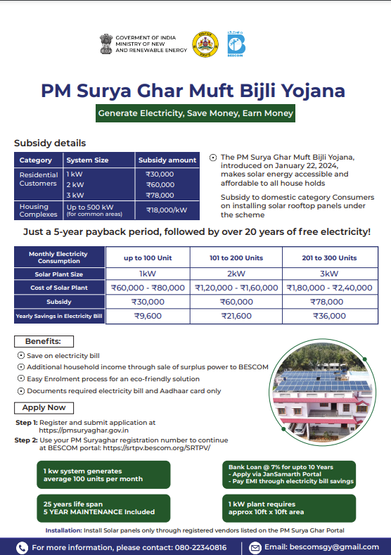 Go Solar with Suryagarh Scheme!
Install a solar power plant on your rooftop and avail attractive subsidies!

To learn more and register, visit: pmsuryaghar.gov.in 
Need assistance? Call BESCOM Solar Helpline: 080-22340816

#Bescom #SuryagarhScheme #GoSolar