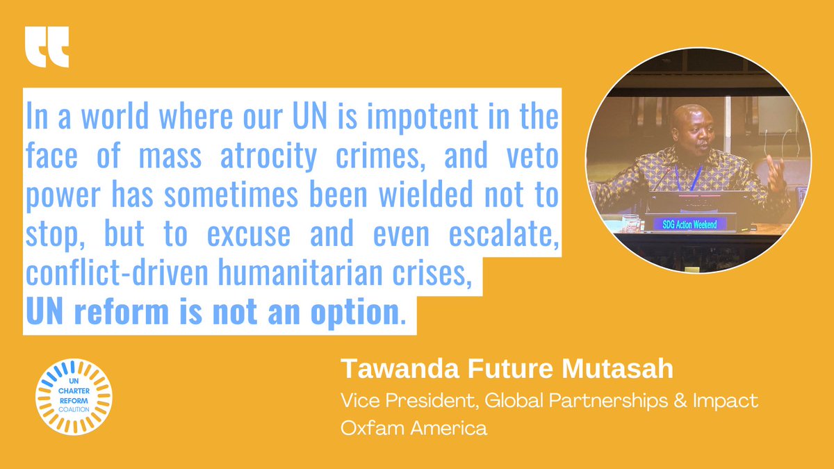 UN Charter Reform Coalition (UNCRC) (@uncharterreform) on Twitter photo Who supports reforming the <a href="/UN/">United Nations</a>? Former ministers, Nobel Laureates & civil society leaders.
One of these leaders is <a href="/DrMutasah/">Dr. Tawanda Future Mutasah</a>, Vice-President for Global Partnerships & Impact at <a href="/OxfamAmerica/">OxfamAmerica</a>.
Join Dr. Mutasah & others in calling for #UNCharterReform: eepurl.com/iTtWNY Who supports reforming the <a href="/UN/">United Nations</a>? Former ministers, Nobel Laureates & civil society leaders.
One of these leaders is <a href="/DrMutasah/">Dr. Tawanda Future Mutasah</a>, Vice-President for Global Partnerships & Impact at <a href="/OxfamAmerica/">OxfamAmerica</a>.
Join Dr. Mutasah & others in calling for #UNCharterReform: eepurl.com/iTtWNY