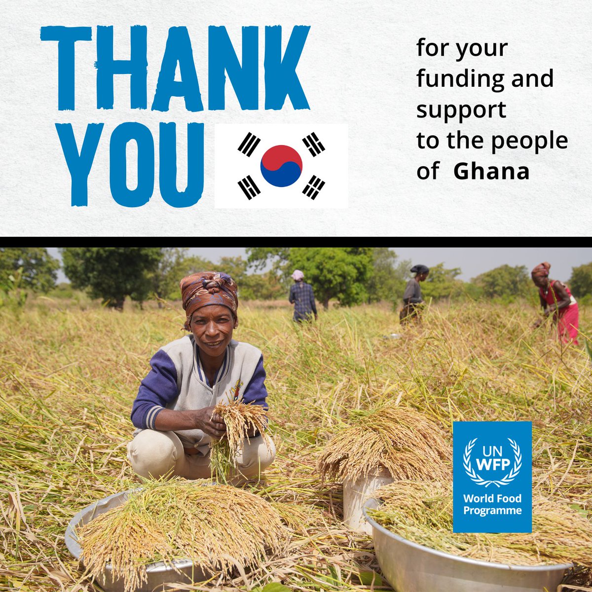 Grateful to the Republic of Korea for their generous contribution of US$5 million to WFP. 

This timely support will deliver food &amp; nutrition assistance via #cashtransfers to almost 187,000 drought-affected people in Northern🇬🇭. 

Together, we can achieve a #ZeroHunger world🌍.