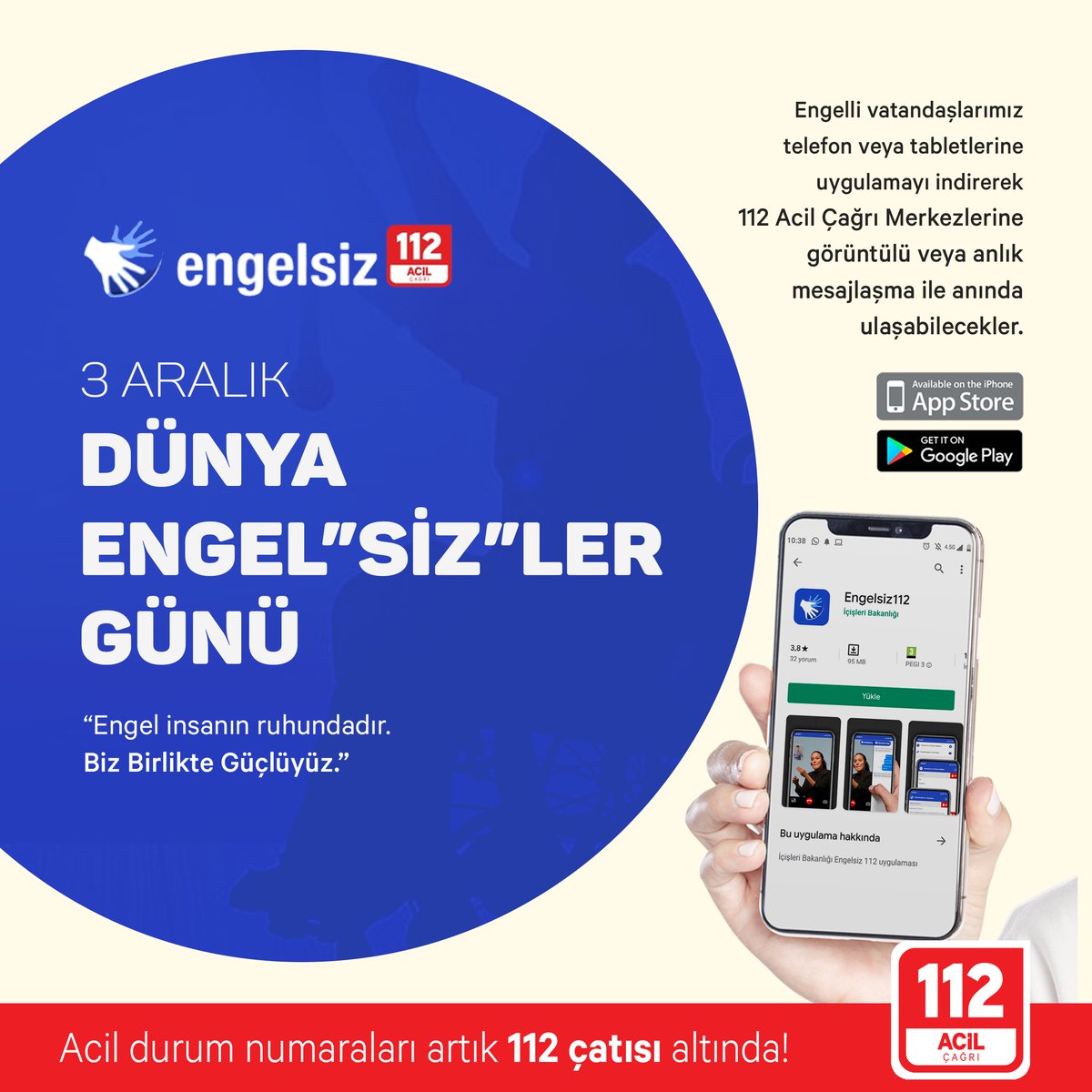 112 Acil Çağrı Merkezleri (@112teknumara) on Twitter photo Engelli vatandaşlarımız telefon veya tabletlerine "Engelsiz 112" uygulamasını indirerek 112 Acil Çağrı Merkezlerine görüntülü veya anlık mesajlaşma ile anında ulaşabilirler.
<a href="/TC_icisleri/">T.C. İçişleri Bakanlığı</a> <a href="/illeridaresi/">İller İdaresi Genel Müdürlüğü</a> Engelli vatandaşlarımız telefon veya tabletlerine "Engelsiz 112" uygulamasını indirerek 112 Acil Çağrı Merkezlerine görüntülü veya anlık mesajlaşma ile anında ulaşabilirler.
<a href="/TC_icisleri/">T.C. İçişleri Bakanlığı</a> <a href="/illeridaresi/">İller İdaresi Genel Müdürlüğü</a>