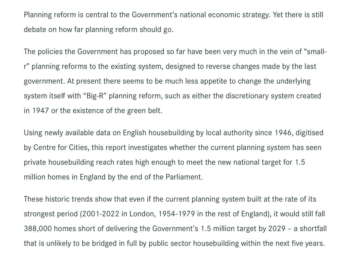 The Centre for Cities report, correctly suggesting the 1.5m target will be missed, grimly sticks to the misguided view that planning is the bar, rather than the real reason: builders only build when profit is in sight. They stop when sales drop. centreforcities.org/publication/re…