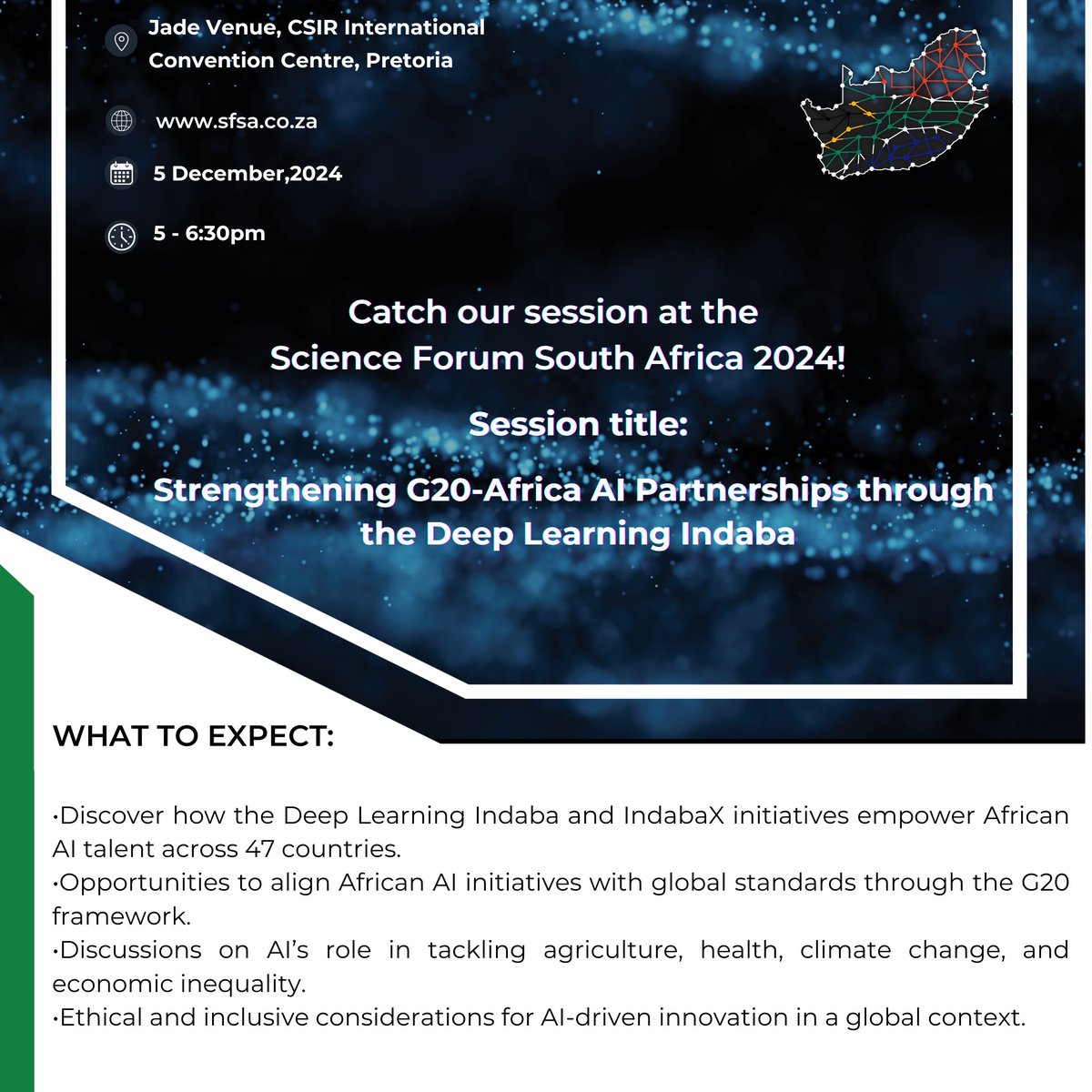 Deep Learning Indaba𝕏 South Africa (@deepindabax_za) on Twitter photo We’re excited to host a session at this year’s <a href="/sascienceforum/">Science Forum South Africa</a>, exploring how the <a href="/DeepIndaba/">Deep Learning Indaba</a> & IndabaX are transforming Africa’s AI landscape.
🎟 Free attendance – register here: lnkd.in/esmhV6Vp
#AIinAfrica #G20AI #InnovationForImpact #SFSA2024 We’re excited to host a session at this year’s <a href="/sascienceforum/">Science Forum South Africa</a>, exploring how the <a href="/DeepIndaba/">Deep Learning Indaba</a> & IndabaX are transforming Africa’s AI landscape.
🎟 Free attendance – register here: lnkd.in/esmhV6Vp
#AIinAfrica #G20AI #InnovationForImpact #SFSA2024