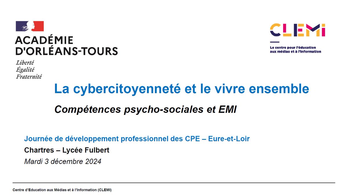 🔛 Intervention <a href="/Clemi_ot/">EMI_Clemi Orléans-Tours</a> en #JDP des #CPE d’#EureEtLoir <a href="/ac_orleanstours/">Académie d'Orléans-Tours</a> #FormationContinue #EAFC 

🔸 Définition de la cybercitoyenneté 
🔸 Enjeux et compétences psychosociales
🔸 Leviers et axes de travail #EducMediasInfo #CitoyenneteNumerique pour les CPE