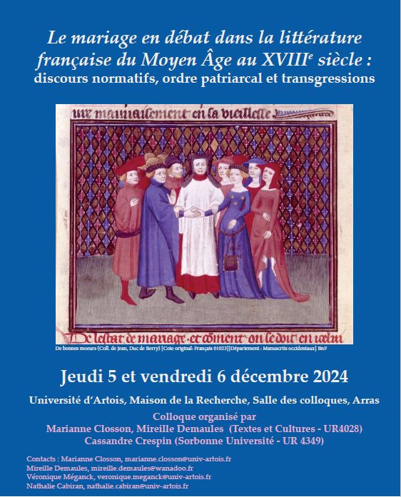 Mathilde M (@mougin_mathilde) on Twitter photo Heureuse de participer au colloque sur le "mariage en débat du Moyen Âge au XVIIIe siècle", organisé par Marianne Closson, Mireille Demaules et Cassandre Crespin à l'<a href="/RechercheArtois/">Recherche Université d'Artois</a>. J'y parlerai pour ma part du mariage dans les colonies. L'événement peut être suivi à distance ! Heureuse de participer au colloque sur le "mariage en débat du Moyen Âge au XVIIIe siècle", organisé par Marianne Closson, Mireille Demaules et Cassandre Crespin à l'<a href="/RechercheArtois/">Recherche Université d'Artois</a>. J'y parlerai pour ma part du mariage dans les colonies. L'événement peut être suivi à distance !