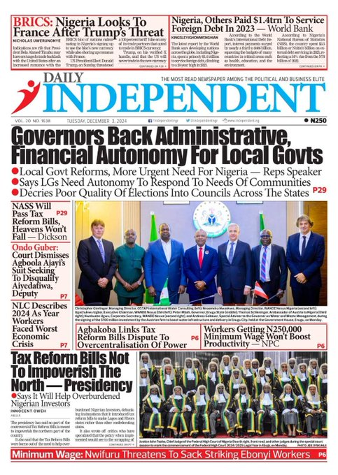 standard_ngr's tweet photo. 7. @IndependentNGR
- #BRICS Nigeria looks to France after #Trump threat
8. @GuardianNigeria
- 90 per cent of Nigerians support Tax Reform Bills - Oyedele
Tags: Yakubu Dogara Bitcoin Camila Cabello Elton John #BRICSconference #BRICS2024 #Beckysangels #BlackFriday #Browns https://t.co/UFkWIuLq1j