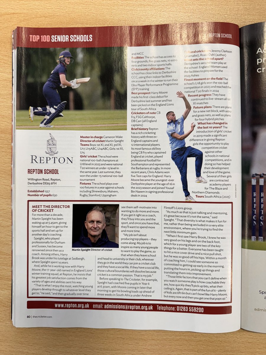 Top 100 Schools 👊🔵🟡🏏

Delighted to be recognised by <a href="/TheCricketerMag/">The Cricketer</a> as one of the leading cricketing schools.

A rich history dating back to the early 1800’s. 11 Test players, 3 England captains, 157 FC cricketers and hopefully many more to come.

#WeAreRepton
@reptonsport