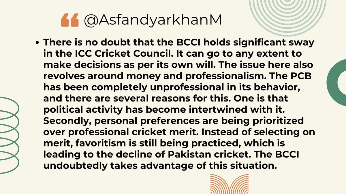 AsfandyarkhanM's tweet photo. There is no doubt that the BCCI holds significant sway in the ICC Cricket Council. It can go to any extent to make decisions as per its own will. The issue here also revolves around money and professionalism. 
 #ChampionsTrophy2025 https://t.co/F2bzMakugd