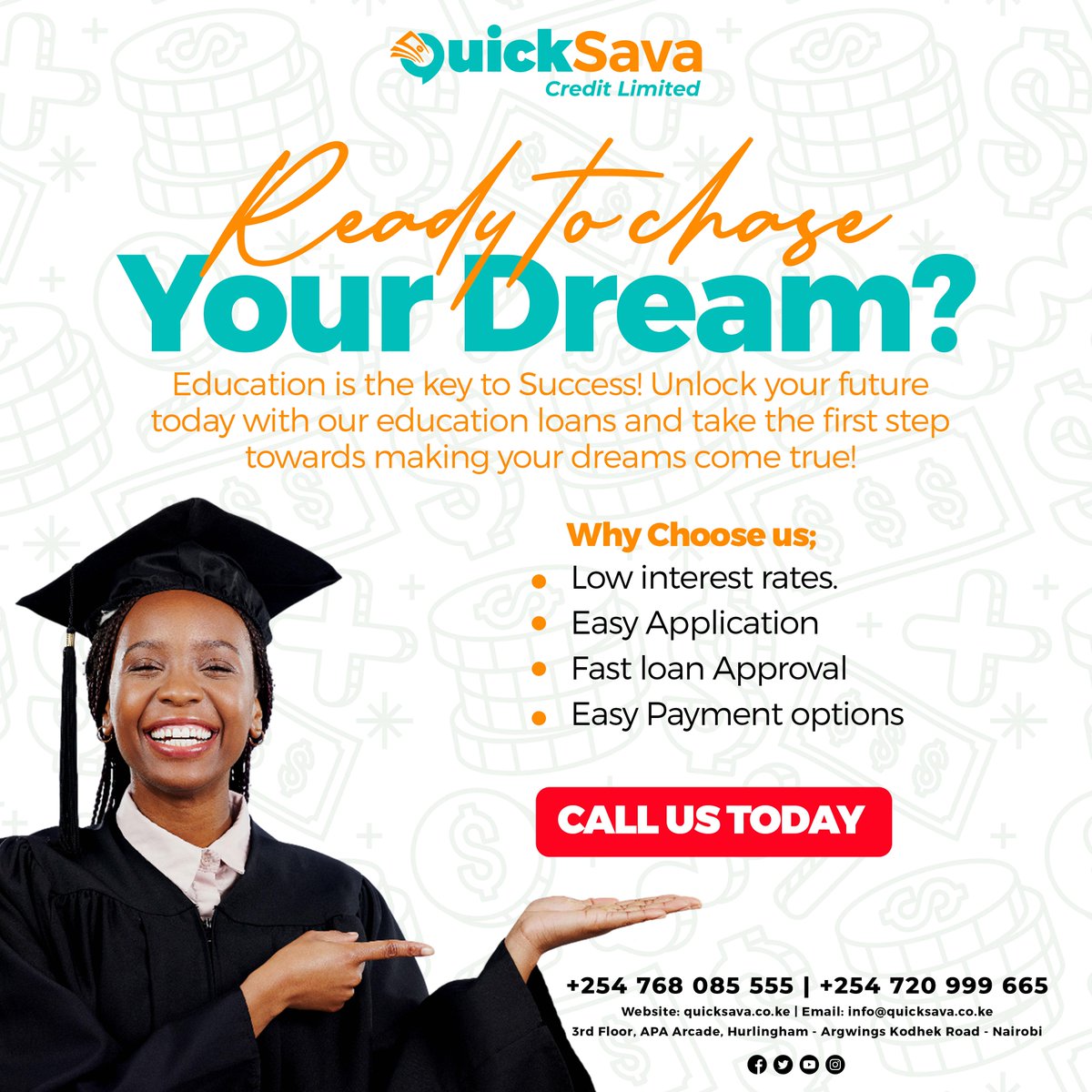 Quicksava_Ke's tweet photo. Your Dreams are valid!

Don't let finances hold you back on your Educational Dreams.
Whether you desire to further your studies, or take your kids to school , our educational loans have you covered.

Simply call us on +254 768 085 555 and let us sort you out!

Riggy G Morara https://t.co/76J3SVq6z6