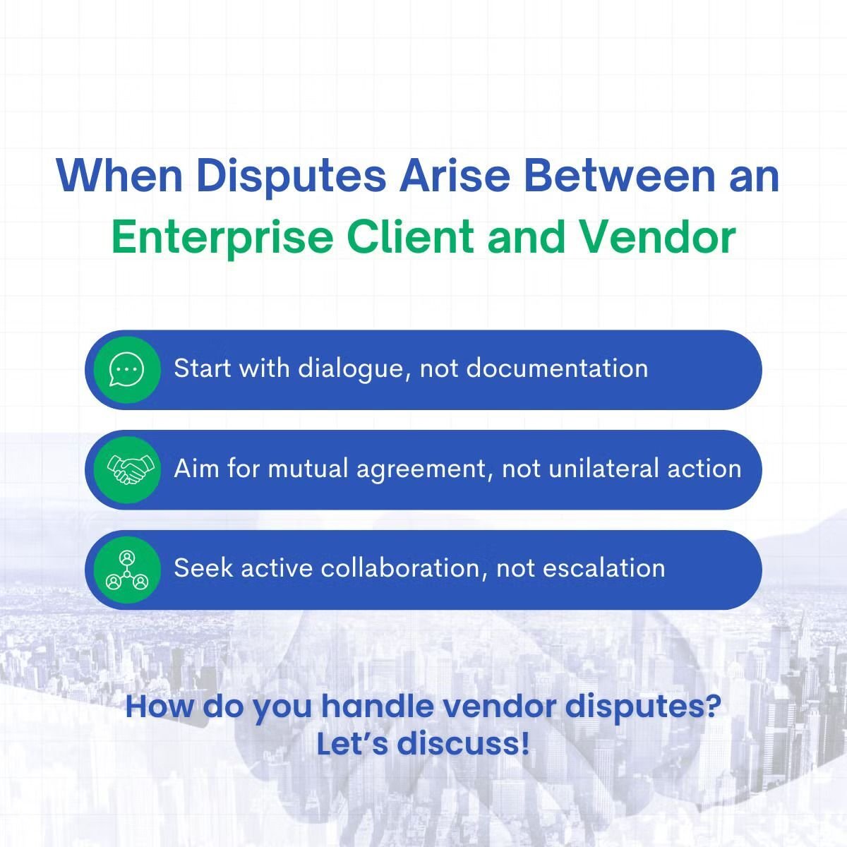 rajeshcarlos's tweet photo. Once a dispute shifts to gathering evidence and assigning blame, the client-vendor relationship turns from collaboration to confrontation.

That’s when everyone loses—time, money, and often the relationship itself.

Here’s how to approach disputes productively: https://t.co/ceI6Pzxmj5