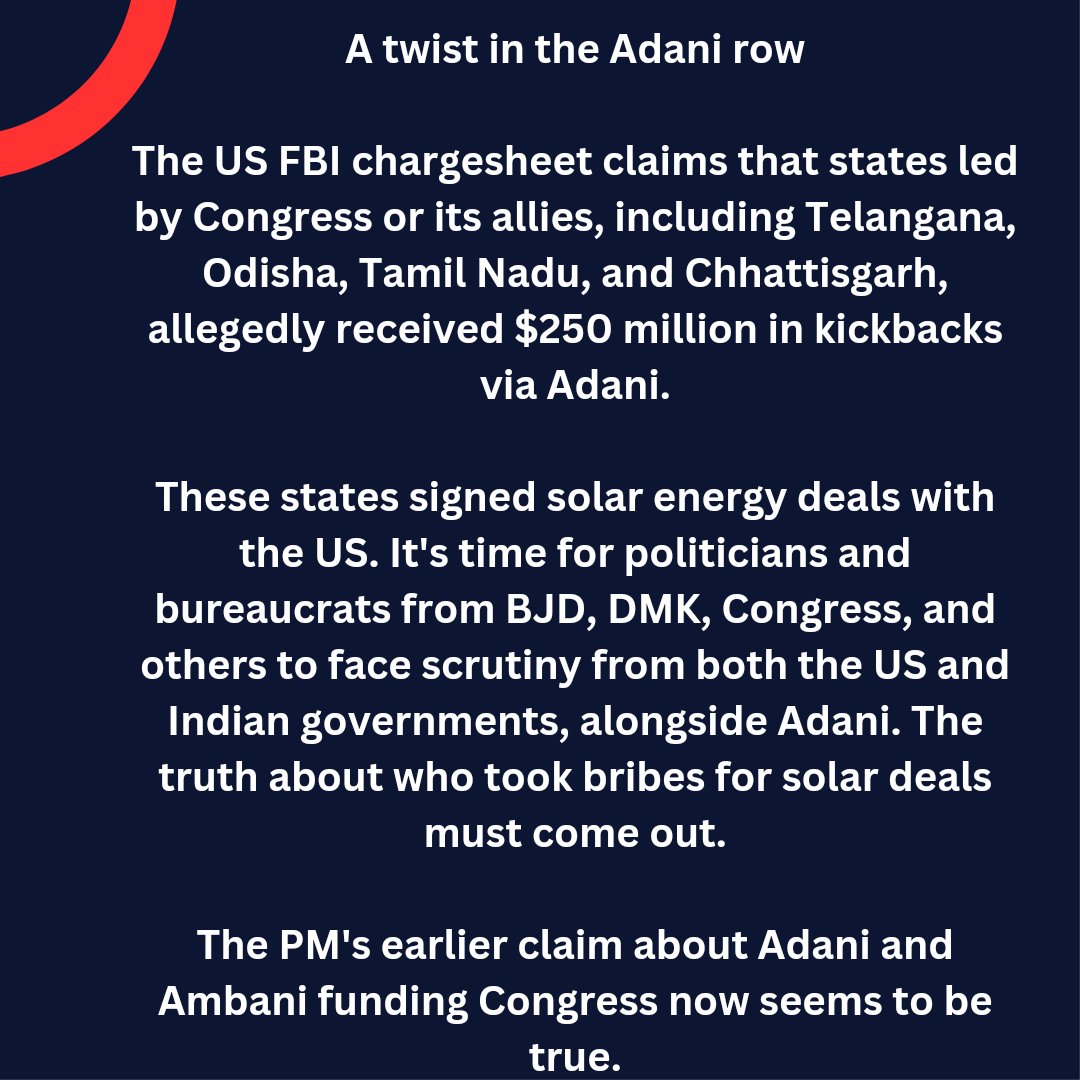 InkBitt's tweet photo. The #USFBI chargesheet claims that states led by Congress or its allies, including Telangana, Odisha, Tamil Nadu, and Chhattisgarh, allegedly received $250 million in kickbacks via #Adani.
These states signed solar energy deals with the US. It's time for politicians and bureaucrats from #BJD, #DMK, #Congress, and others to face scrutiny from both the US and Indian governments, alongside Adani. The truth about who took bribes for solar deals must come out.
The PM's earlier claim about Adani and Ambani funding Congress now seems to be true.