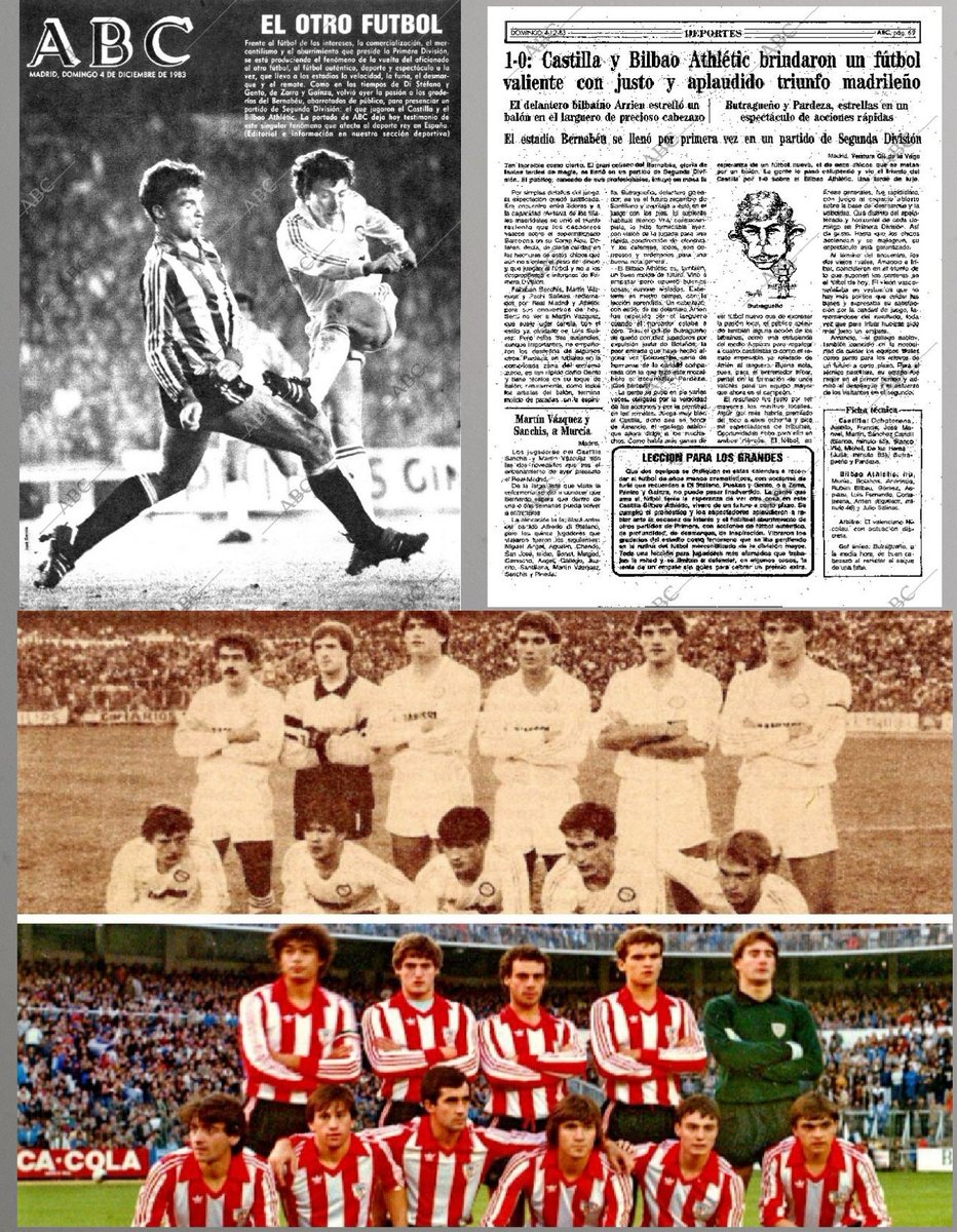 MMacroski's tweet photo. 3 diciembre 1983

El Bernabéu se llenaba con más de 80.000 esp para ver un Castilla v Bilbao Athletic en segunda A.

El evento fue portada de ABC, ganó el filial blanco 1-0.

Han pasado 41 años, mañana se miden los 1ºs equipos en San Mamés. https://t.co/pfcDC5cgrw