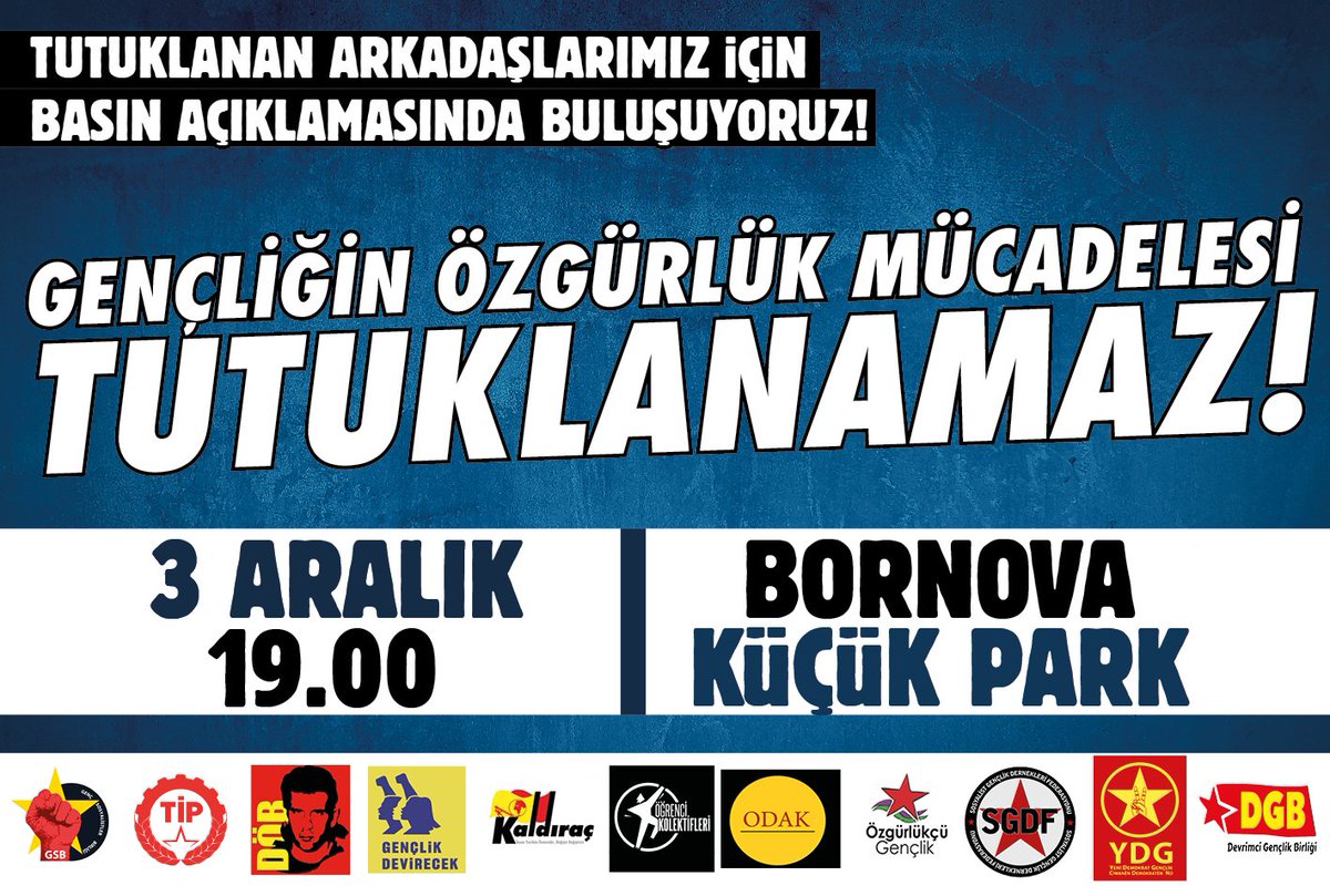 Geçtiğimiz günlerde DGB'li arkadaşımız Rohat Ayas keyfi "gerekçelerle" tutuklandı. Rohat için ve son dönemde artan baskı politikalarına karşı bir araya geliyoruz!

📍 Bornova Colin's önü
🕐 19.00