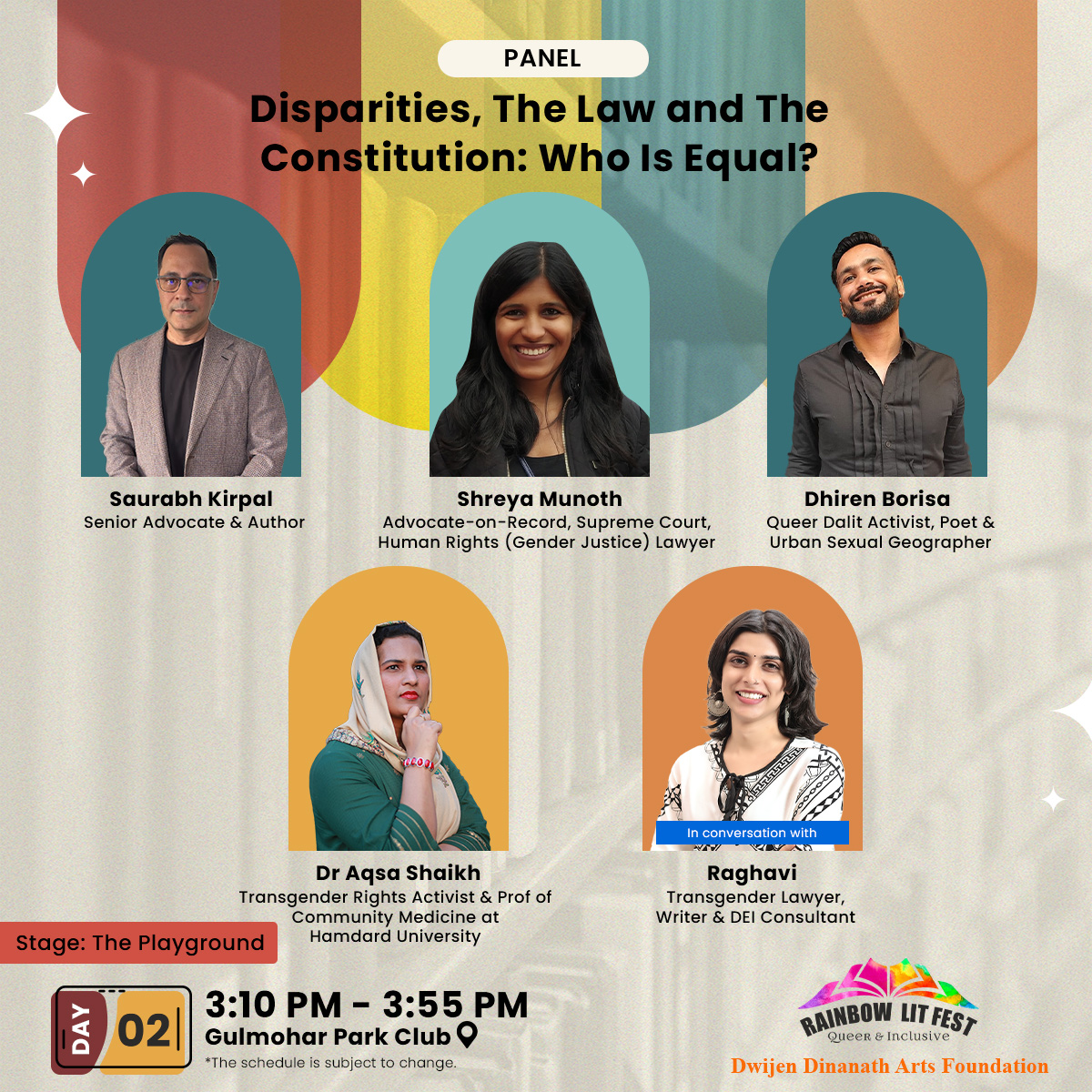 Rainbow Literature Festival (@rainbowlitfest) on Twitter photo Day 2 at #RLF!
What are the laws that shape our #society?
Explore the complexities of #inequality, #legal disparities, and constitutional rights in today’s world with <a href="/KirpalSaurabh/">saurabh kirpal</a>, <a href="/shreyamunot/">Shreya Munoth</a>, <a href="/dhirenborisa/">dhiren borisa</a>, and <a href="/doctorsaheba/">Aqsa Shaikh</a> in conversation with @lawyer__saheba at #Rlf2024! Day 2 at #RLF!
What are the laws that shape our #society?
Explore the complexities of #inequality, #legal disparities, and constitutional rights in today’s world with <a href="/KirpalSaurabh/">saurabh kirpal</a>, <a href="/shreyamunot/">Shreya Munoth</a>, <a href="/dhirenborisa/">dhiren borisa</a>, and <a href="/doctorsaheba/">Aqsa Shaikh</a> in conversation with @lawyer__saheba at #Rlf2024!