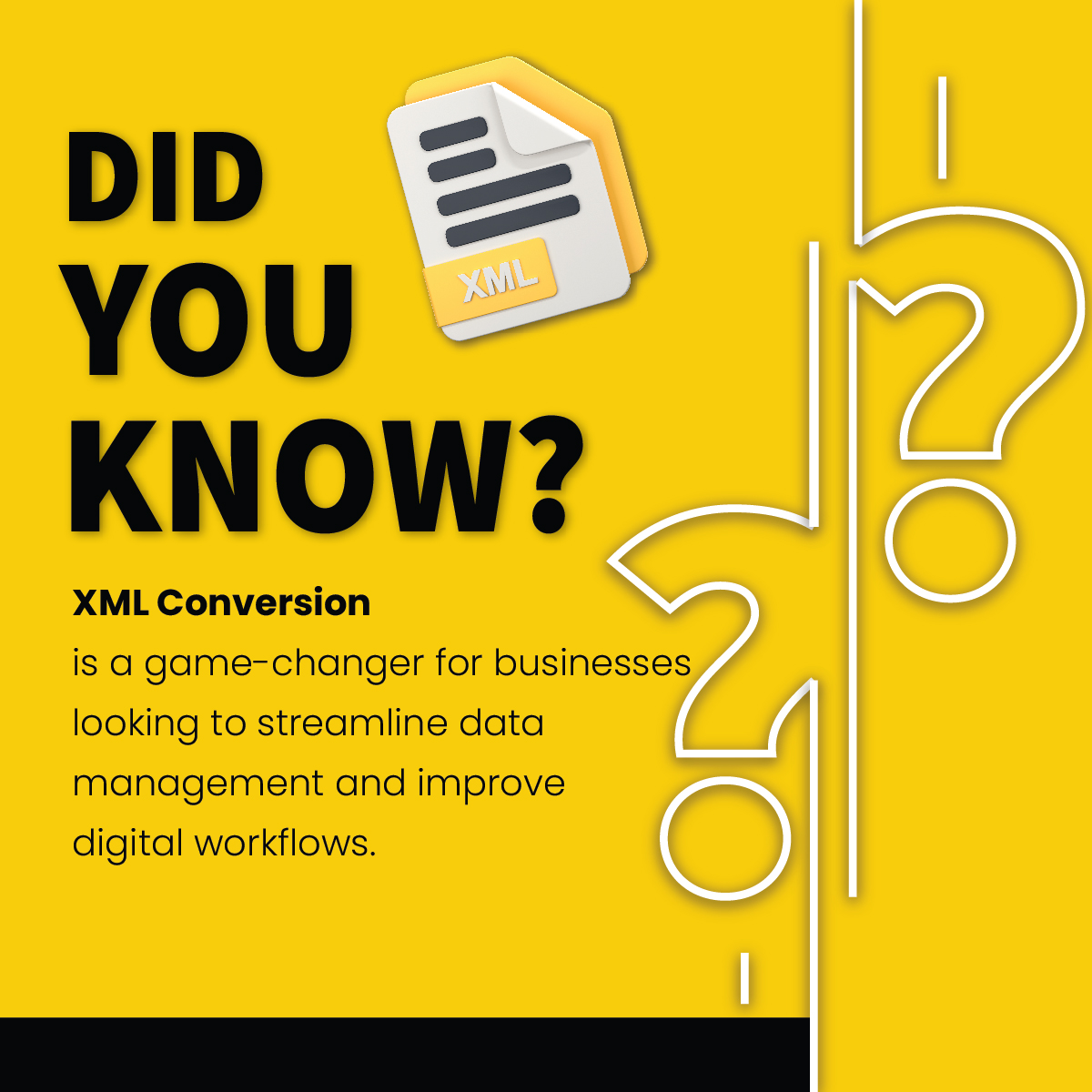 MapSystemsIndia's tweet image. Why XML?
Improved Data Portability
Enhanced Flexibility
Future-Proof Storage
At MAPSystems, we transform your complex documents into structured XML formats that are simple to store, share, and access. 
shorturl.at/nxYfJ
#XMLconversion #XMLformatting #fileconversion