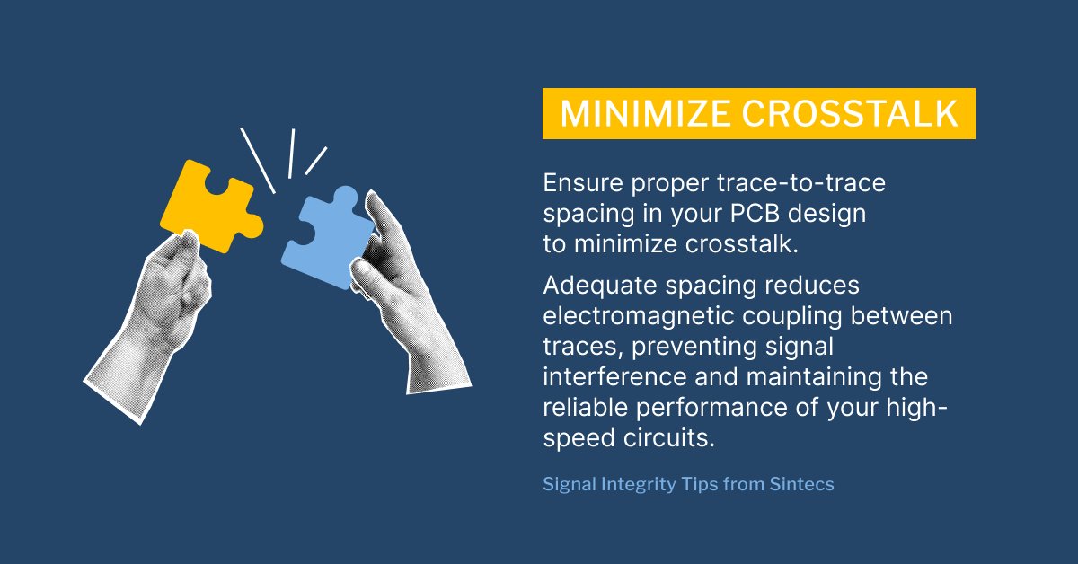Sintecsbv's tweet image. Minimize crosstalk in your PCB designs by ensuring proper trace-to-trace spacing. Fair spacing helps reduce electromagnetic coupling, ensuring reliable performance and signal integrity in high-speed circuits. 

#PCBTips #SignalIntegrity #PCBDesign #ElectronicsEngineering #Sintecs