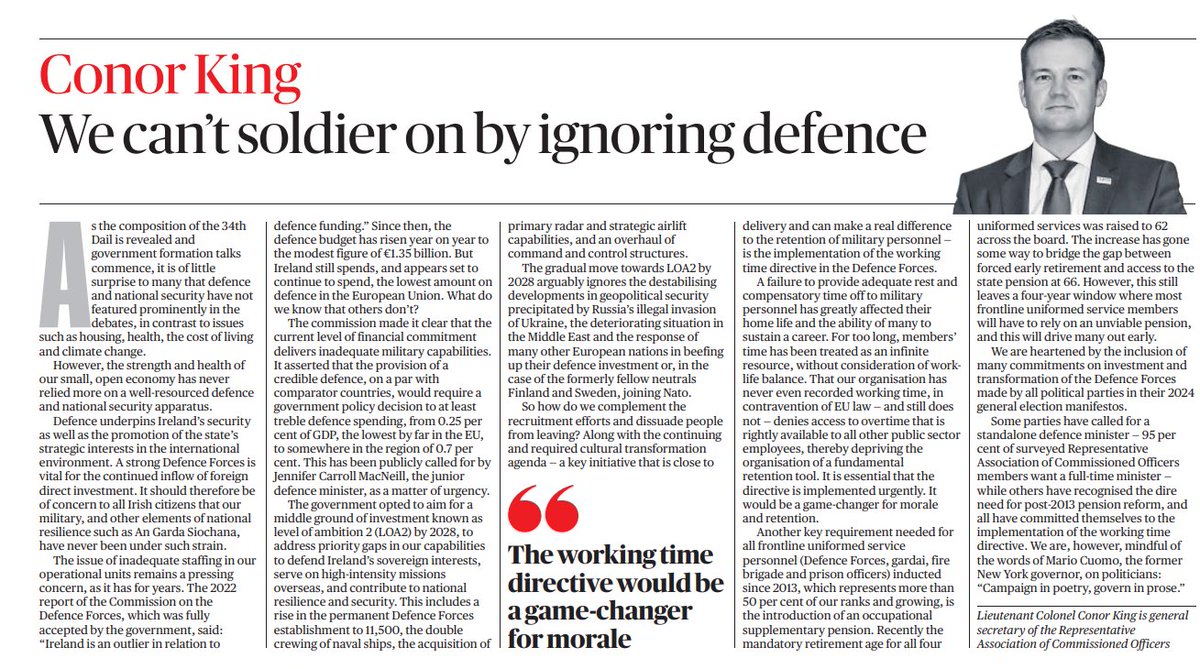 Conor King (@conorking1980) on Twitter photo My piece in the <a href="/ST__Ireland/">The Sunday Times Ireland</a> on the need for the next government to prioritise Defence and Security for all of our citizens. Defence should be a national competence, and is a public good, vital for the strength & health of our economy.
<a href="/defenceforces/">Óglaigh na hÉireann</a> <a href="/IRLDeptDefence/">Department of Defence</a> <a href="/IRLDeptPER/">Department of Public Expenditure</a> My piece in the <a href="/ST__Ireland/">The Sunday Times Ireland</a> on the need for the next government to prioritise Defence and Security for all of our citizens. Defence should be a national competence, and is a public good, vital for the strength & health of our economy.
<a href="/defenceforces/">Óglaigh na hÉireann</a> <a href="/IRLDeptDefence/">Department of Defence</a> <a href="/IRLDeptPER/">Department of Public Expenditure</a>