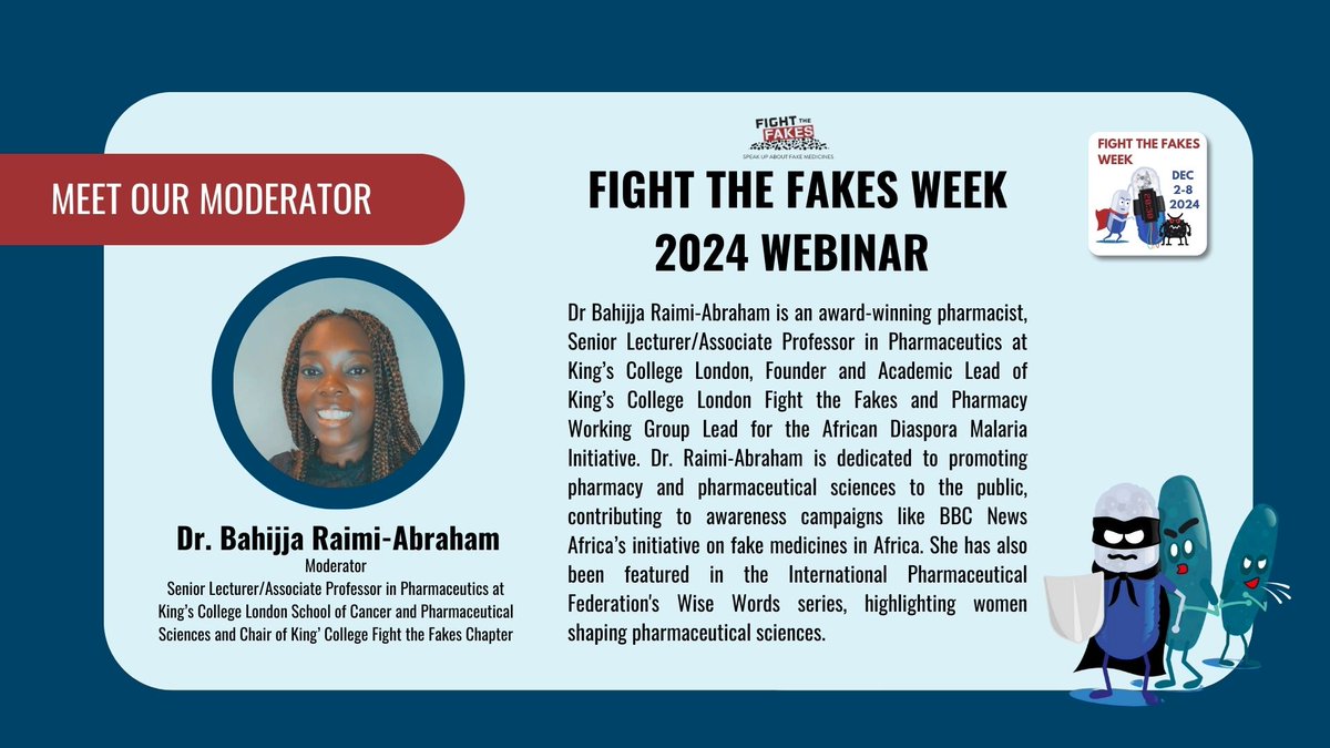 Fight the Fakes Alliance (@fightthefakes) on Twitter photo Meet our moderator <a href="/DrBahijjaRaimiA/">Dr Bahijja Raimi-A</a>, Senior Lecturer/Associate Professor in Pharmaceutics <a href="/KingsFtF/">King's College London Fight the Fakes</a>.
đź“… Thursday, 5 December 2024
⏰ 15:00 – 16:00 European time
Save your spot now for our upcoming webinar 👉 bit.ly/4hL1uKw
#StopFakeMeds #FightTheFakes #FTFweek Meet our moderator <a href="/DrBahijjaRaimiA/">Dr Bahijja Raimi-A</a>, Senior Lecturer/Associate Professor in Pharmaceutics <a href="/KingsFtF/">King's College London Fight the Fakes</a>.
đź“… Thursday, 5 December 2024
⏰ 15:00 – 16:00 European time
Save your spot now for our upcoming webinar 👉 bit.ly/4hL1uKw
#StopFakeMeds #FightTheFakes #FTFweek