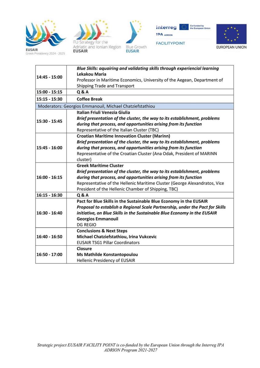 Blue Skills Event 

Organized by the Greek Presidency, to inform interested stakeholders about the European Commission’s initiatives related to Blue Skills and to promote Blue Skills for a Sustainable #BlueEconomy

Register here: docs.google.com/forms/d/1j1kPb…

<a href="/EU_MARE/">EU Maritime & Fish</a>