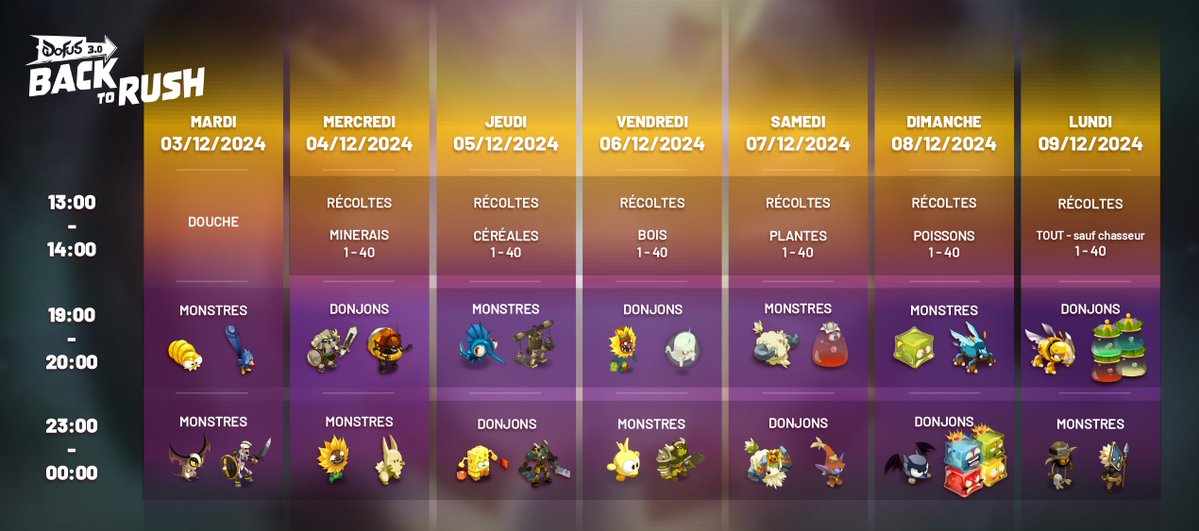 DOFUSfr's tweet image. #BackToRush démarre ce soir sur les nouveaux serveurs #DOFUS  ! ⚔️

🚿 Prenez une douche et préparez votre participation !
Voici un petit rappel de la semaine qui vous attend. 

ℹ️ Tous les détails sur l'événement : dofus.com/fr/mmorpg/actu…