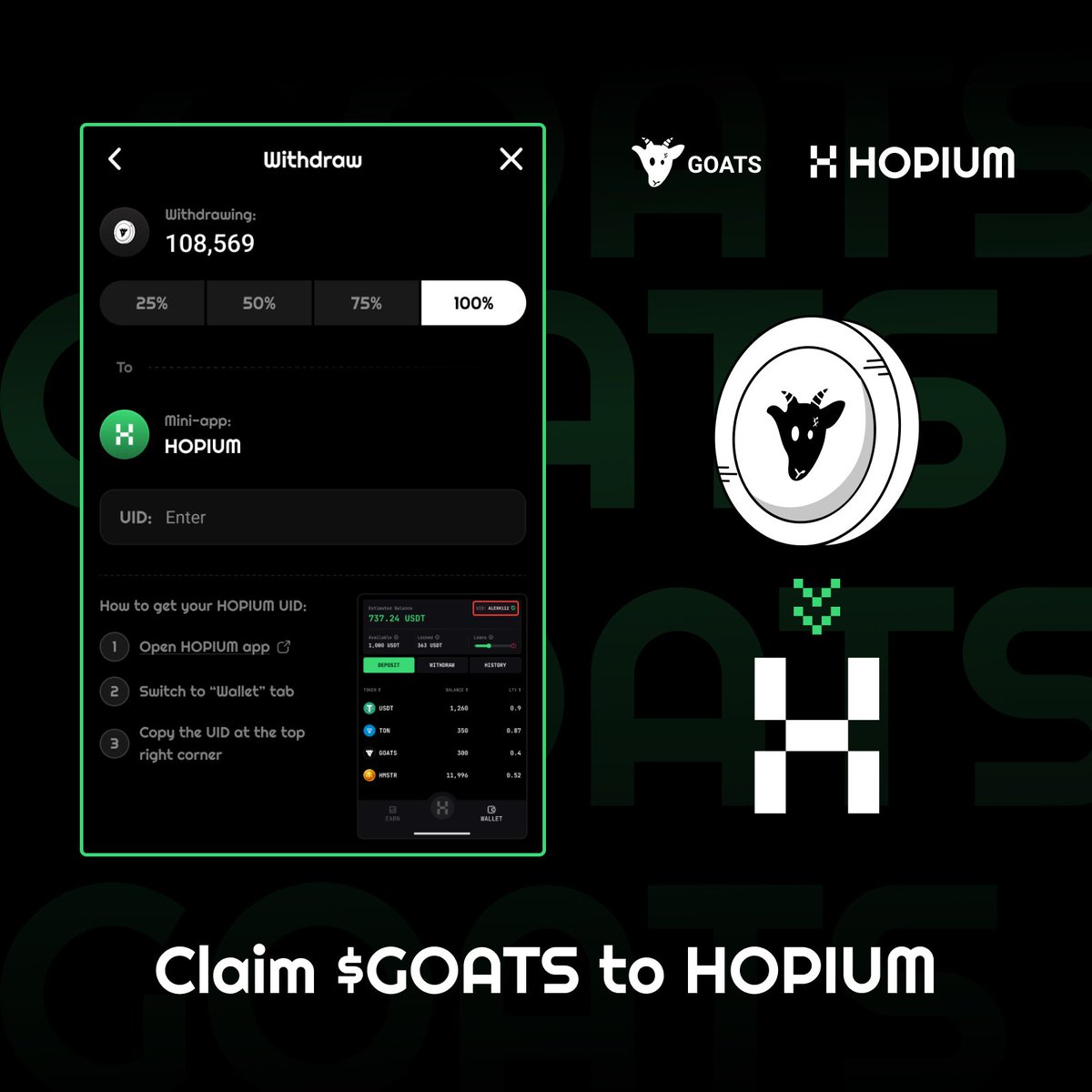 GOATS x HOPIUM PARTNERSHIP 🔥

We’re pumped to announce our partnership with @realHopiumTON! 🐐🤝🇭

Here’s the alpha:
- You can now withdraw your $GOATS to Hopium.
- You’ll be able to use $GOATS tokens as collateral for perp trading on Hopium – hold your $GOATS and earn from