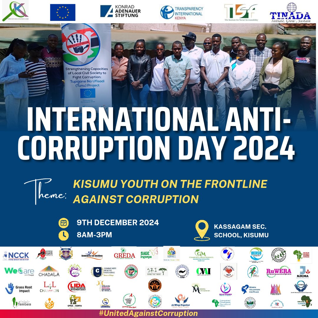 Who is responsible for ending corruption? Despite many efforts, it remains a challenge in Kenya and globally. Join us at Kasagam, Kisumu County, as we unite with Kisumu youth to mark International Anti-Corruption Day and explore solutions to this issue.
#UnitedAgainstCorruption